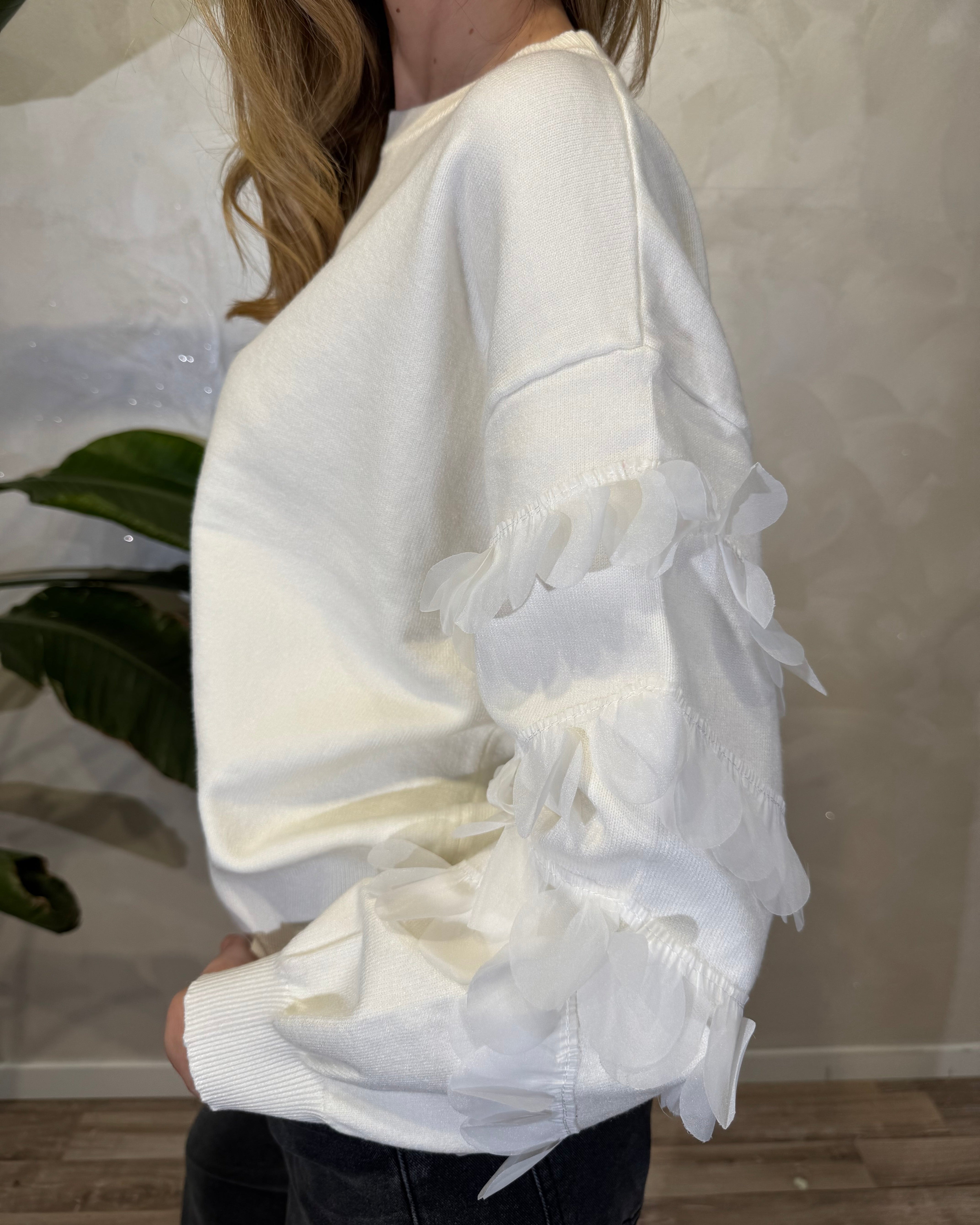 MAGLIA TRICOT CON PARTICOLARI APPLICAZIONI ALLE MANICHE COL. PANNA