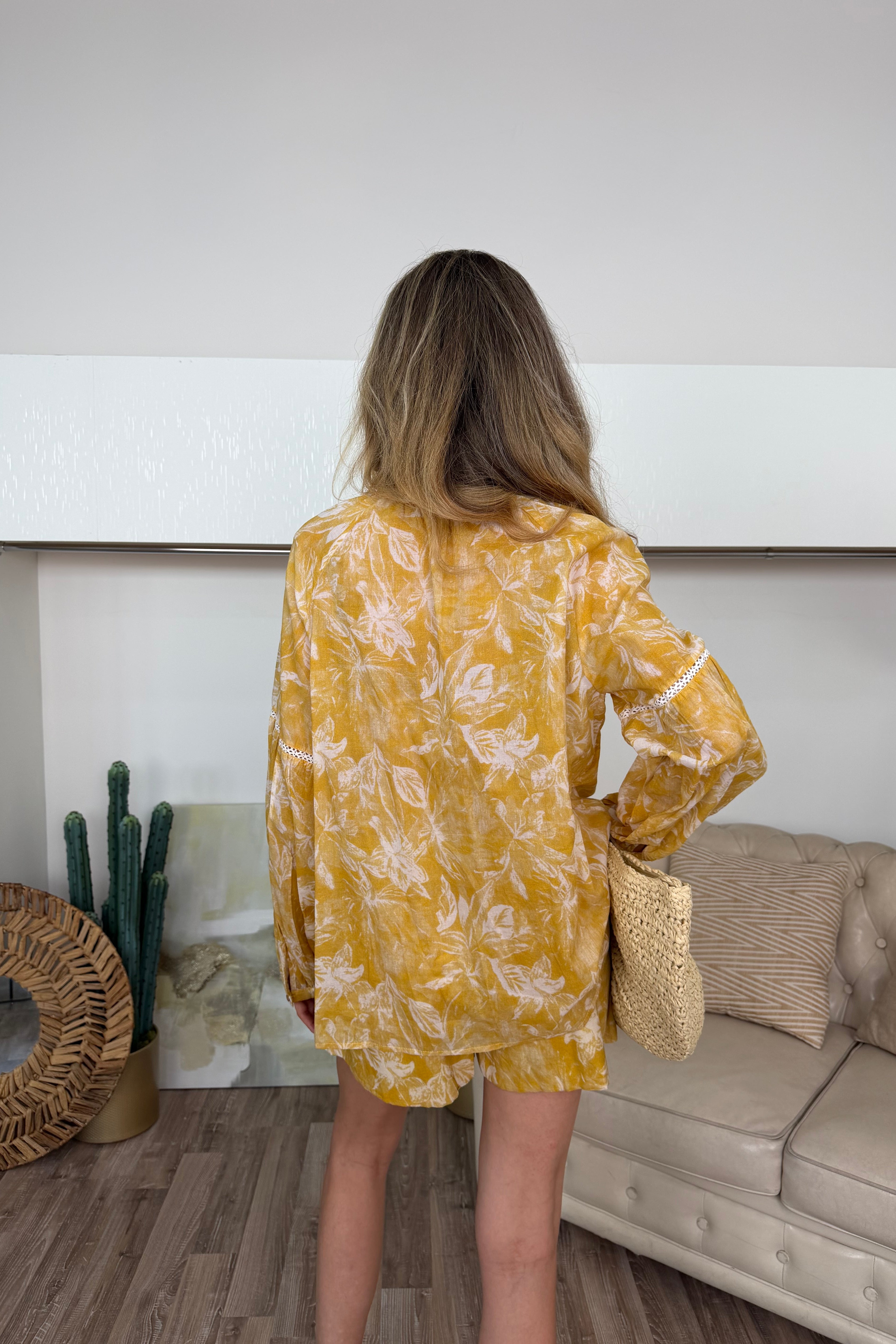 BLUSA SENAPE FLOREALE CON ROUCHES E PIZZO