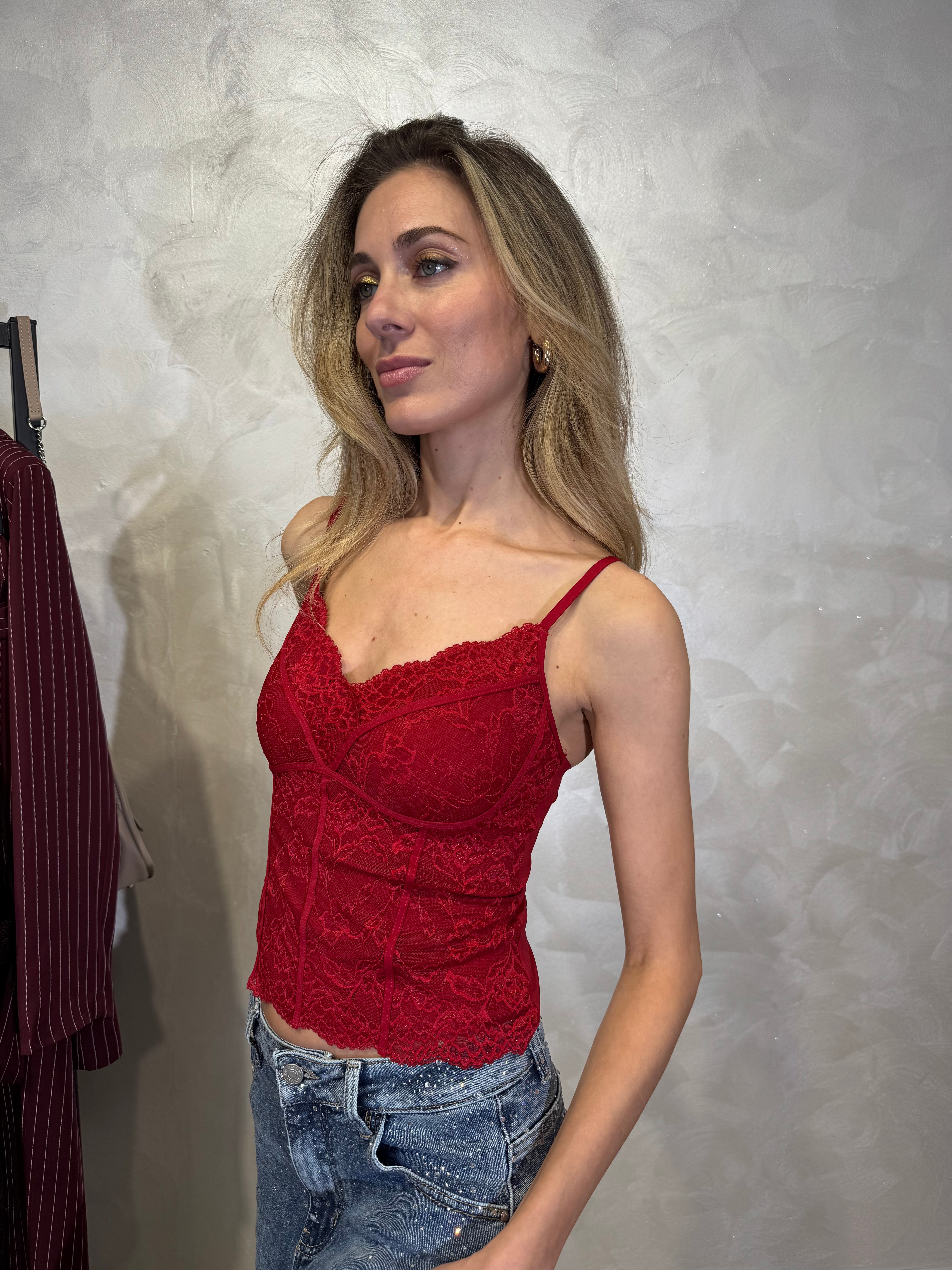 TOP IN PIZZO FLOREALE COL. ROSSO