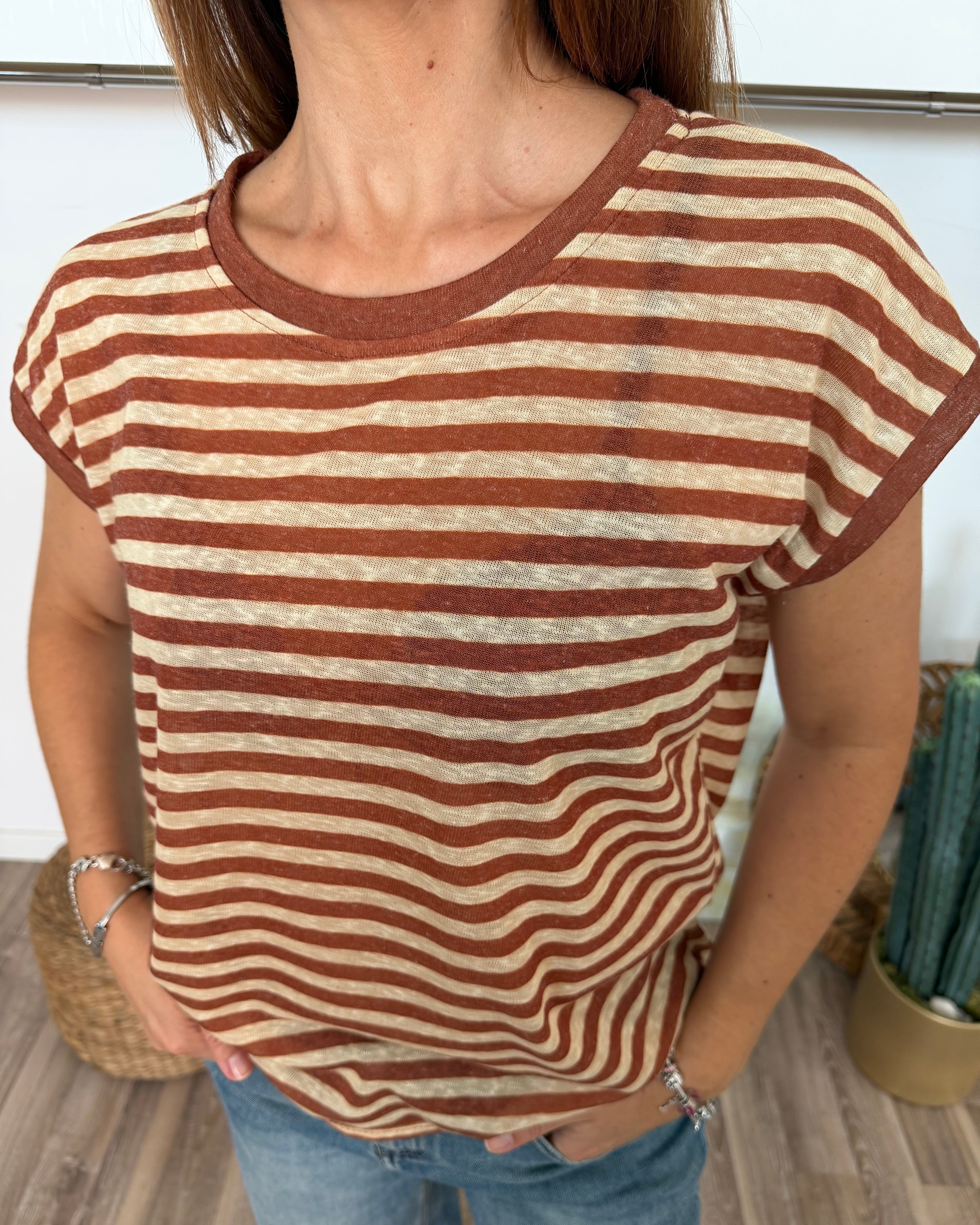 T-SHIRT RIGATA FONDO NATURALE E RIGA MELANGE COCCIO