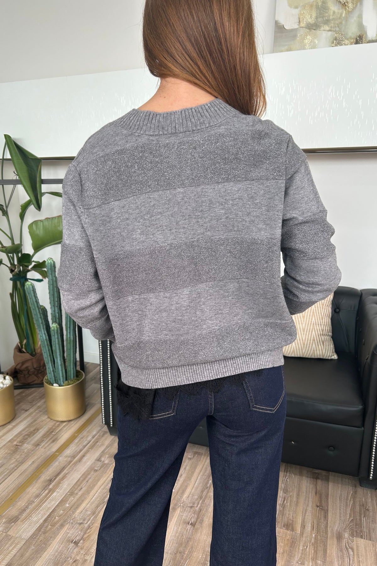 CARDIGAN CON RIGHE UNITE E LUREX SCOLLO A V COL GRIGIO