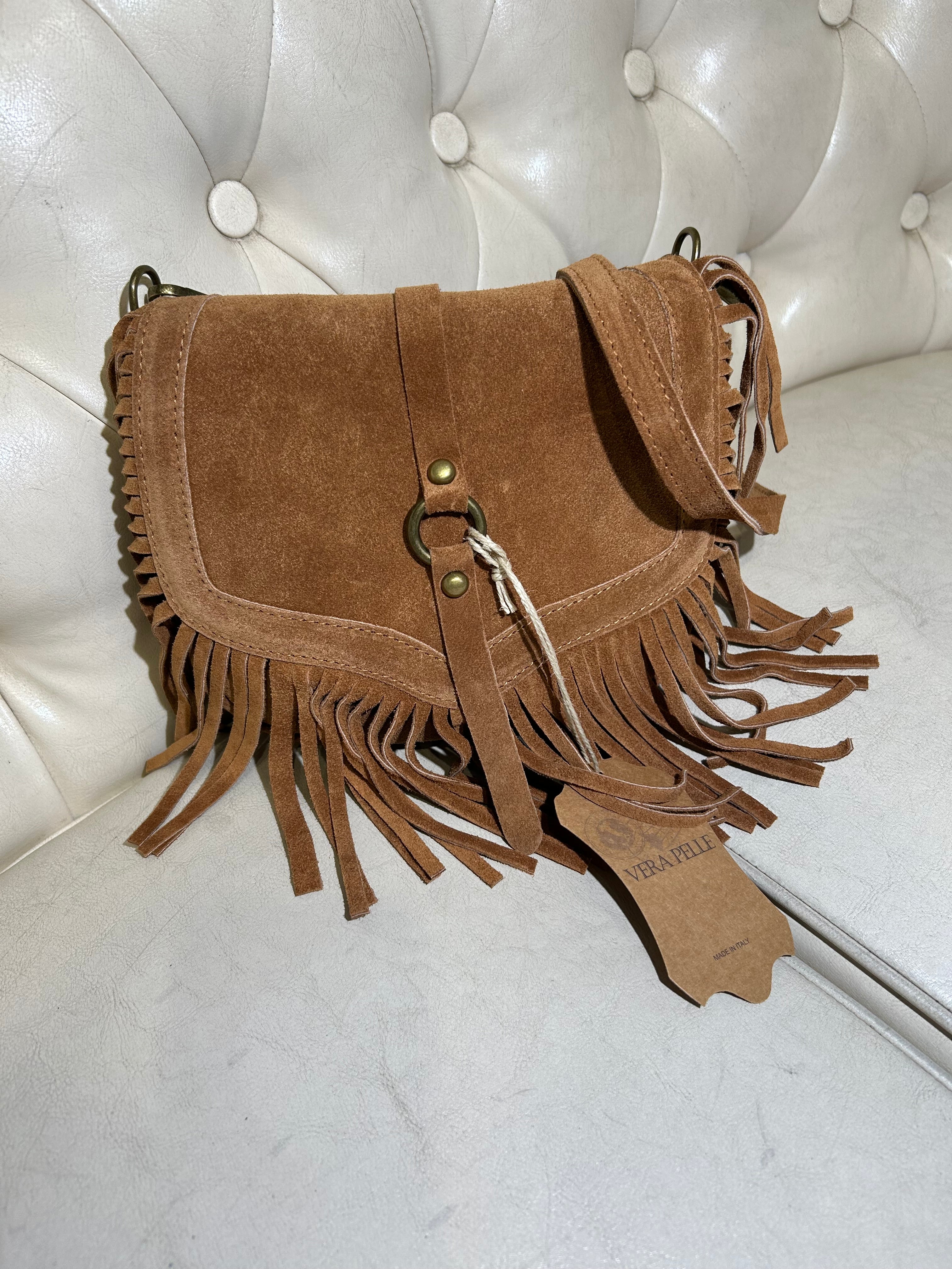 BORSA IN VERA PELLE SCAMOSCIATA CON FRANGE E TRACOLLA COL.BISCOTTO