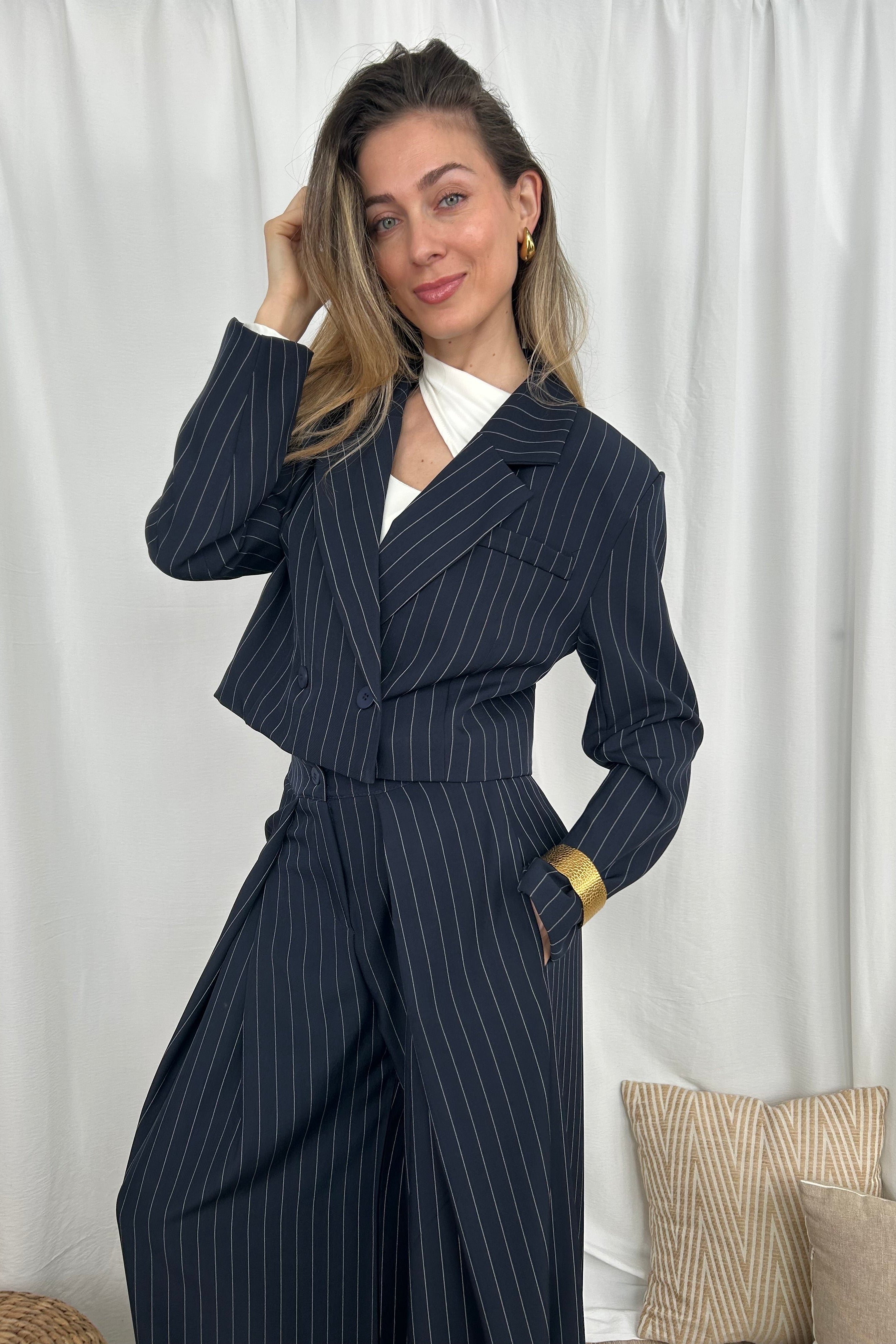 COMPLETO CROPPED BLAZER E PANTALONE CON PENCE COL. DARK BLUE