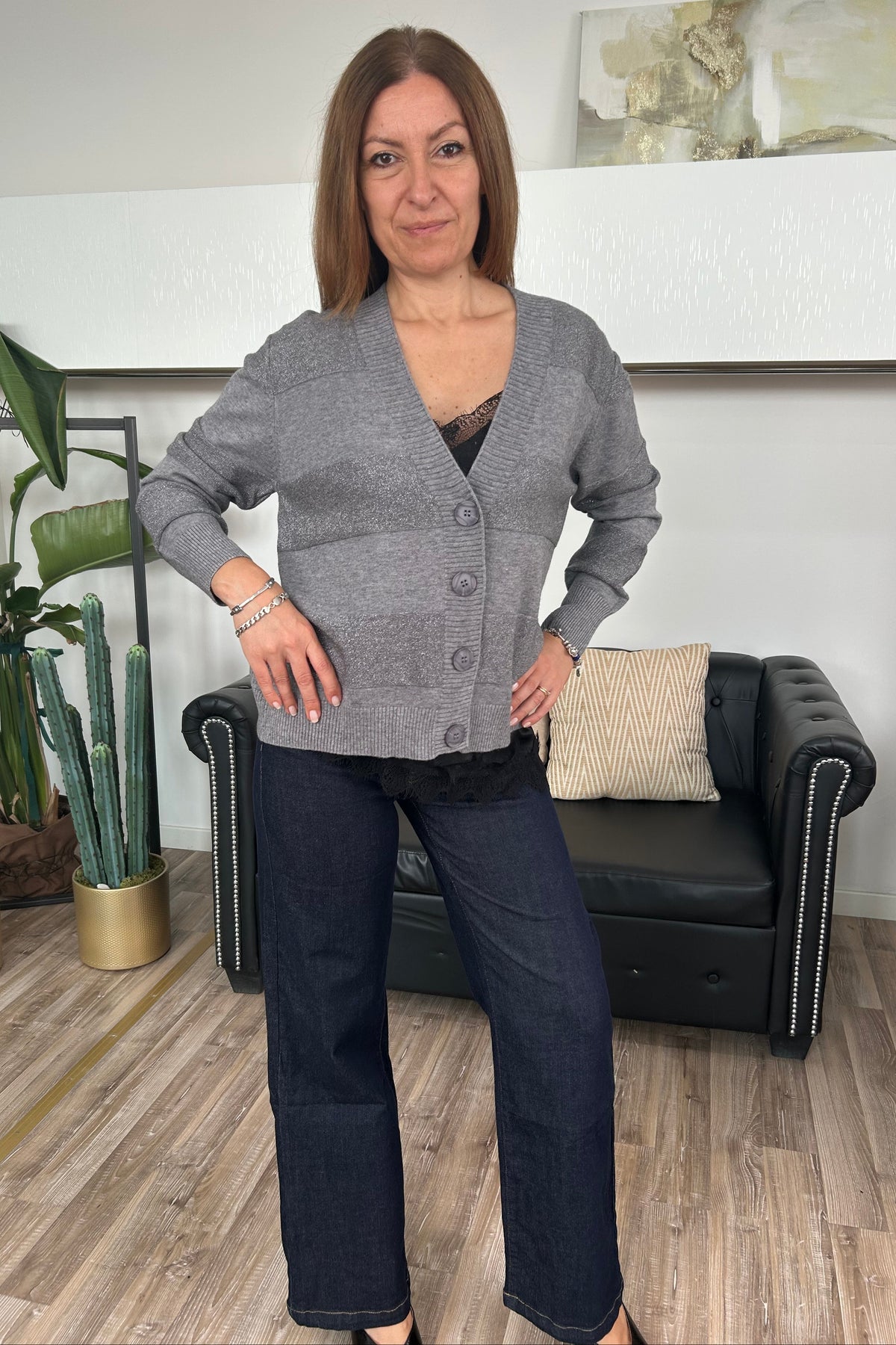 CARDIGAN CON RIGHE UNITE E LUREX SCOLLO A V COL GRIGIO
