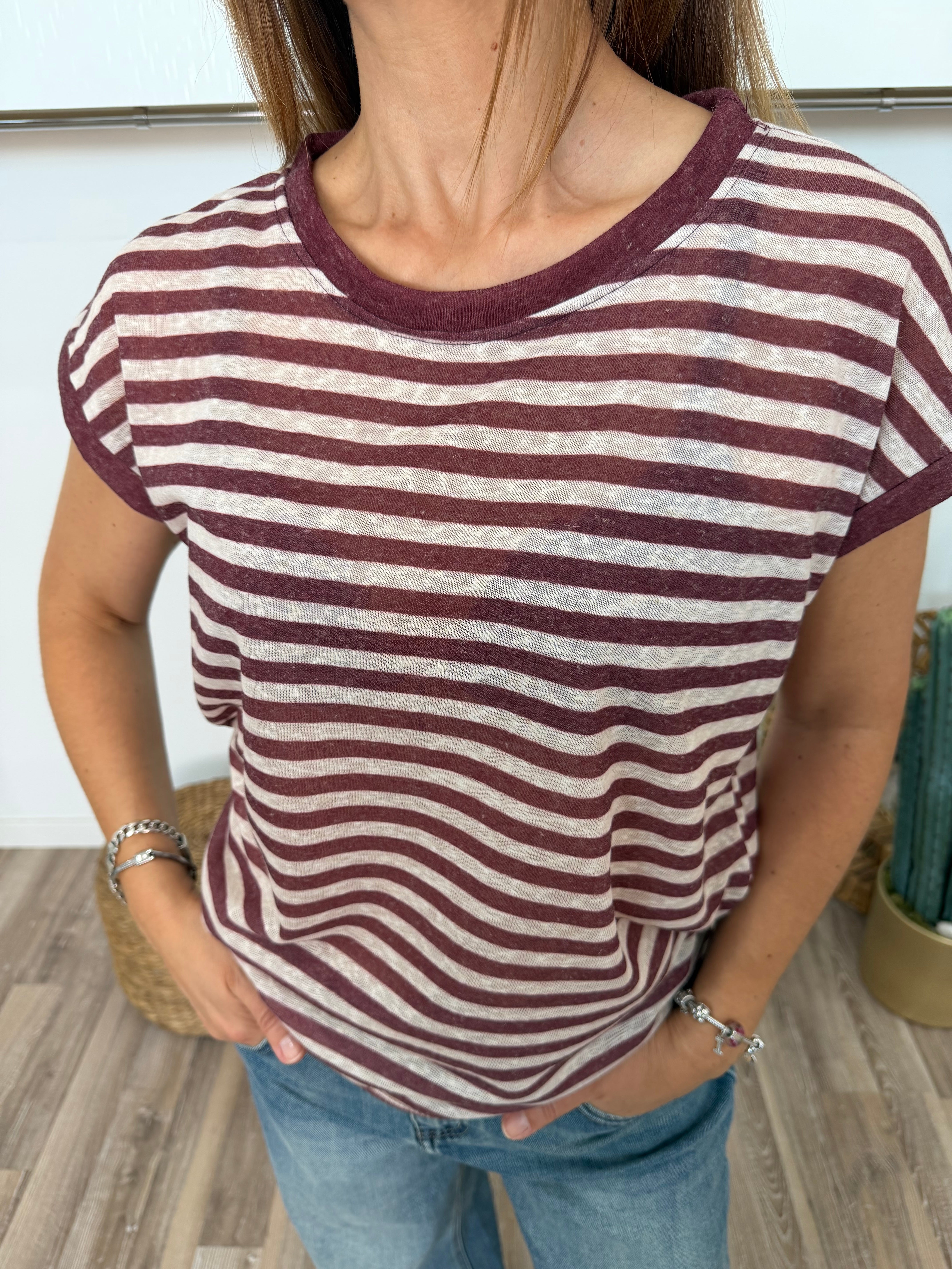 T-SHIRT RIGATA FONDO NATURALE E RIGA MELANGE ROSSO INDIA