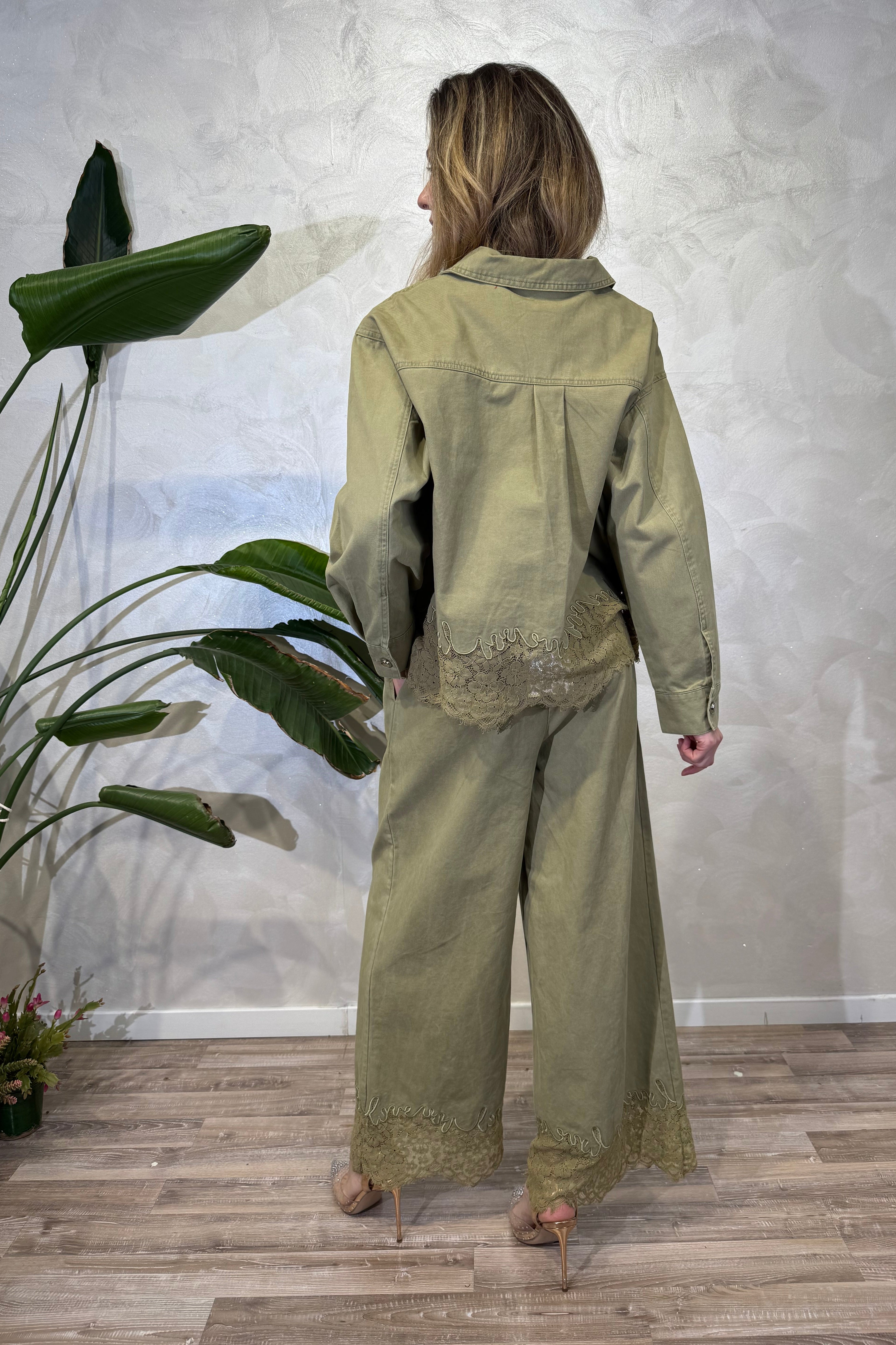 GIACCA CAMICIA CON INSERTO IN PIZZO COL. VERDE OLIVA