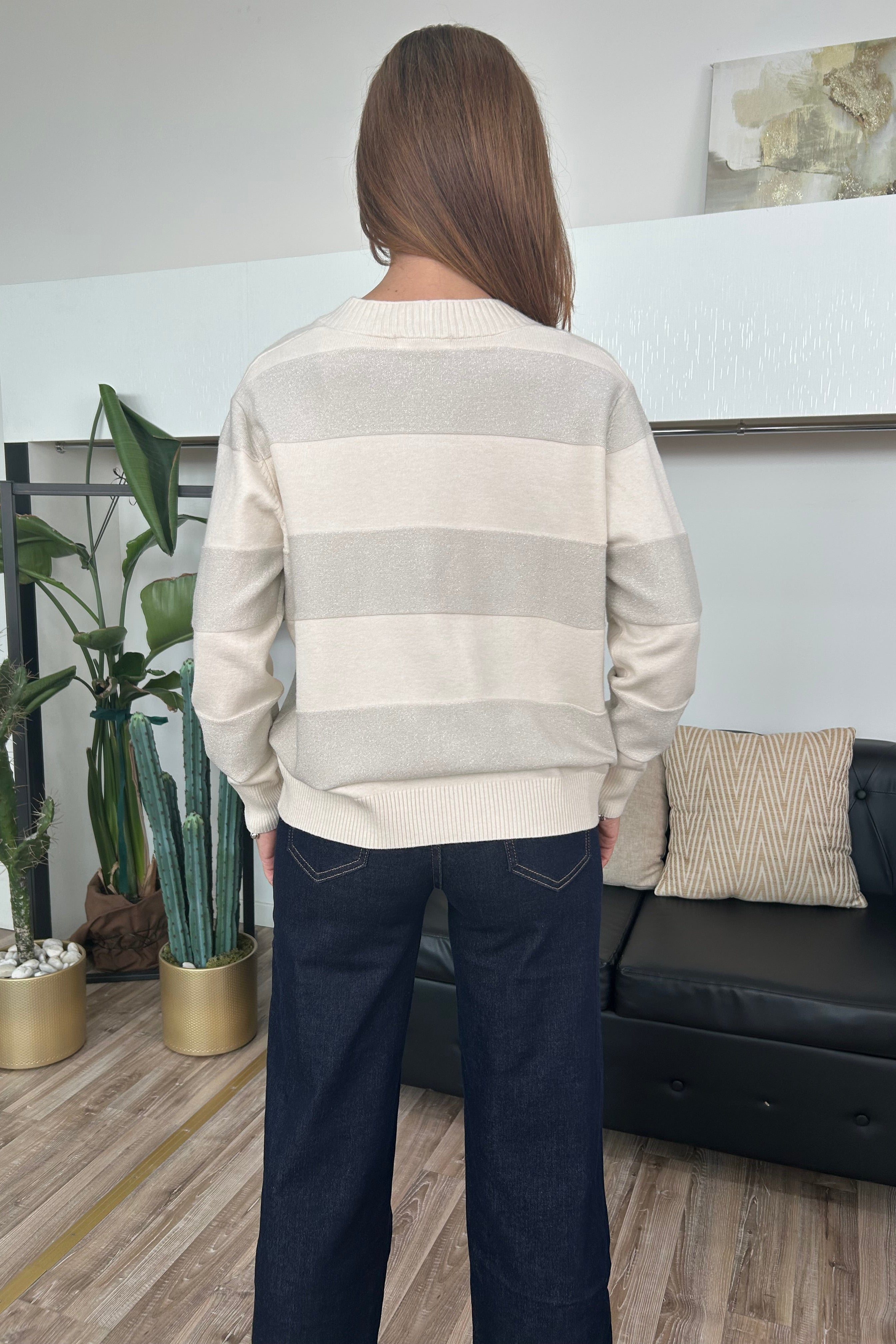 CARDIGAN CON RIGHE UNITE E LUREX SCOLLO A V COL PANNA