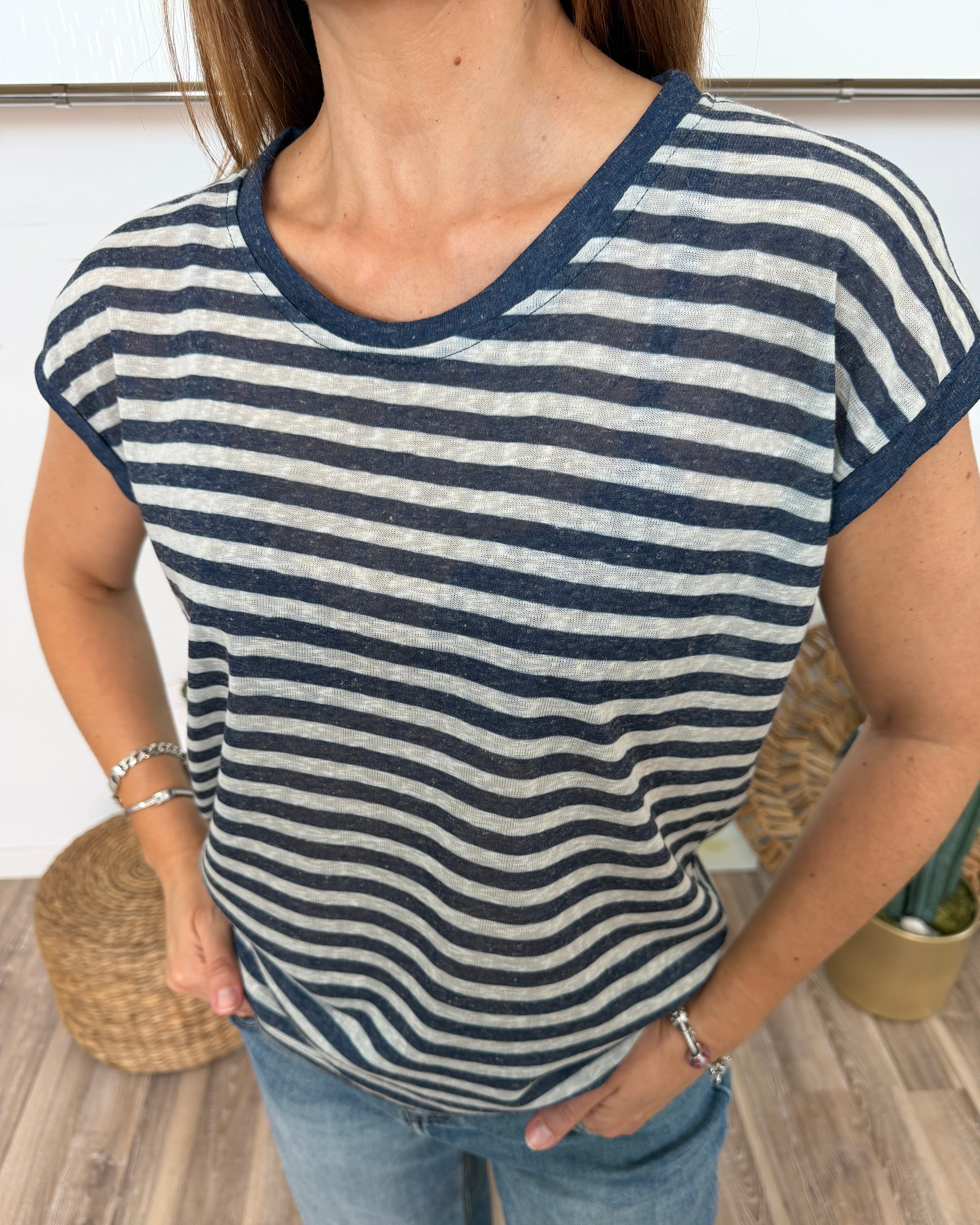 T-SHIRT RIGATA FONDO NATURALE E RIGA MELANGE BLUE JEANS