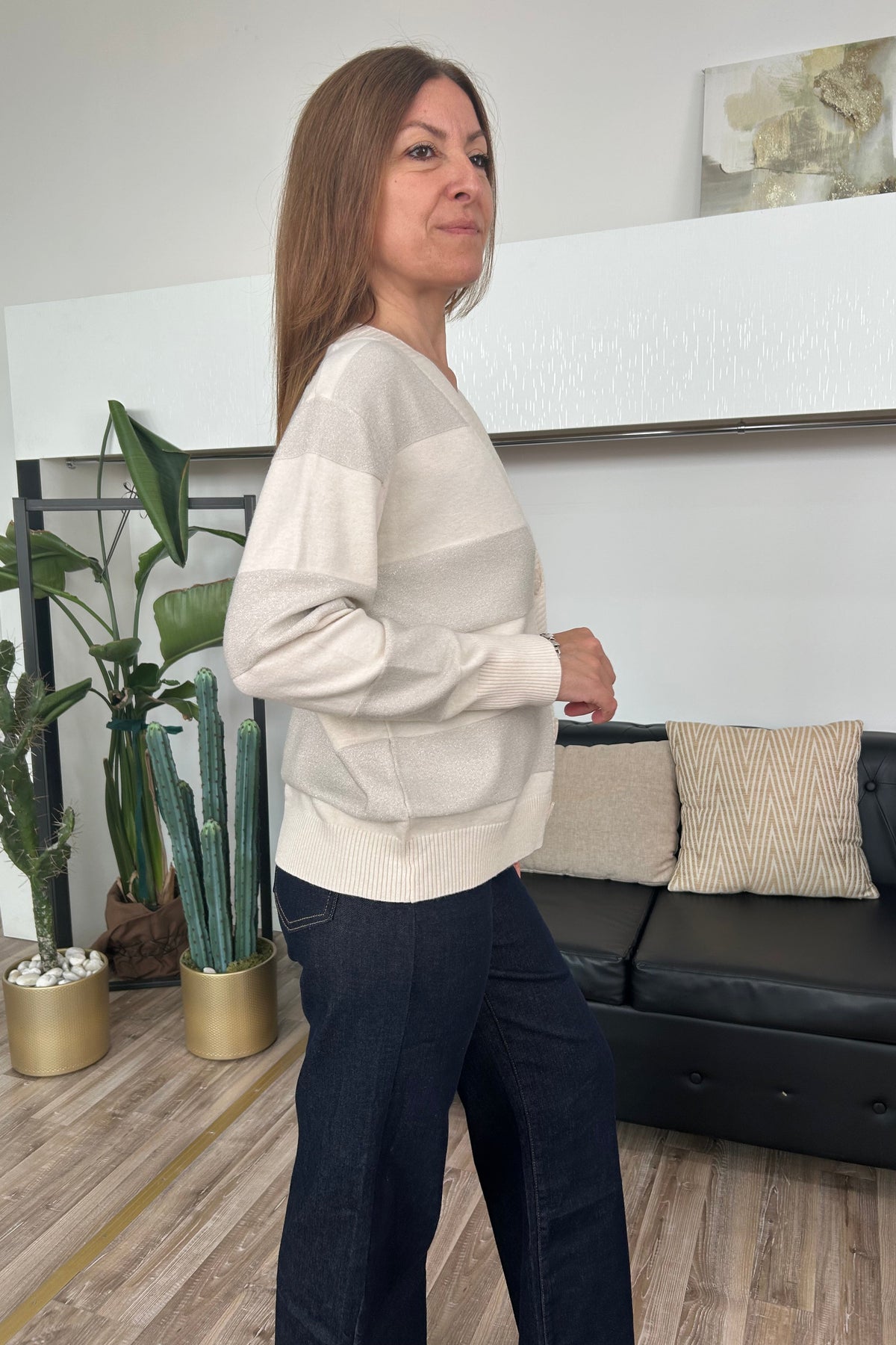 CARDIGAN CON RIGHE UNITE E LUREX SCOLLO A V COL PANNA
