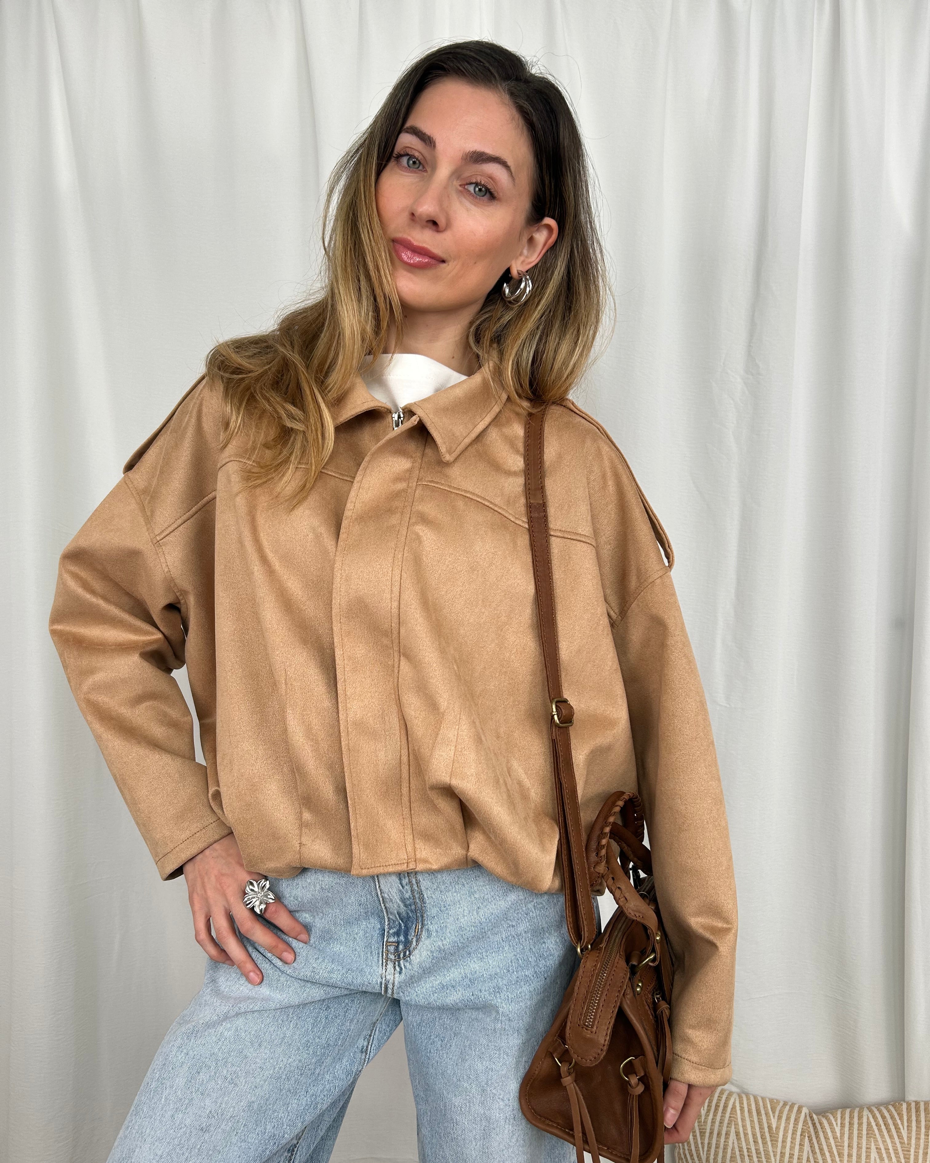 GIACCA ZIP OVER BOMBER IN SIMIL COMOSCIO COL BISCOTTO
