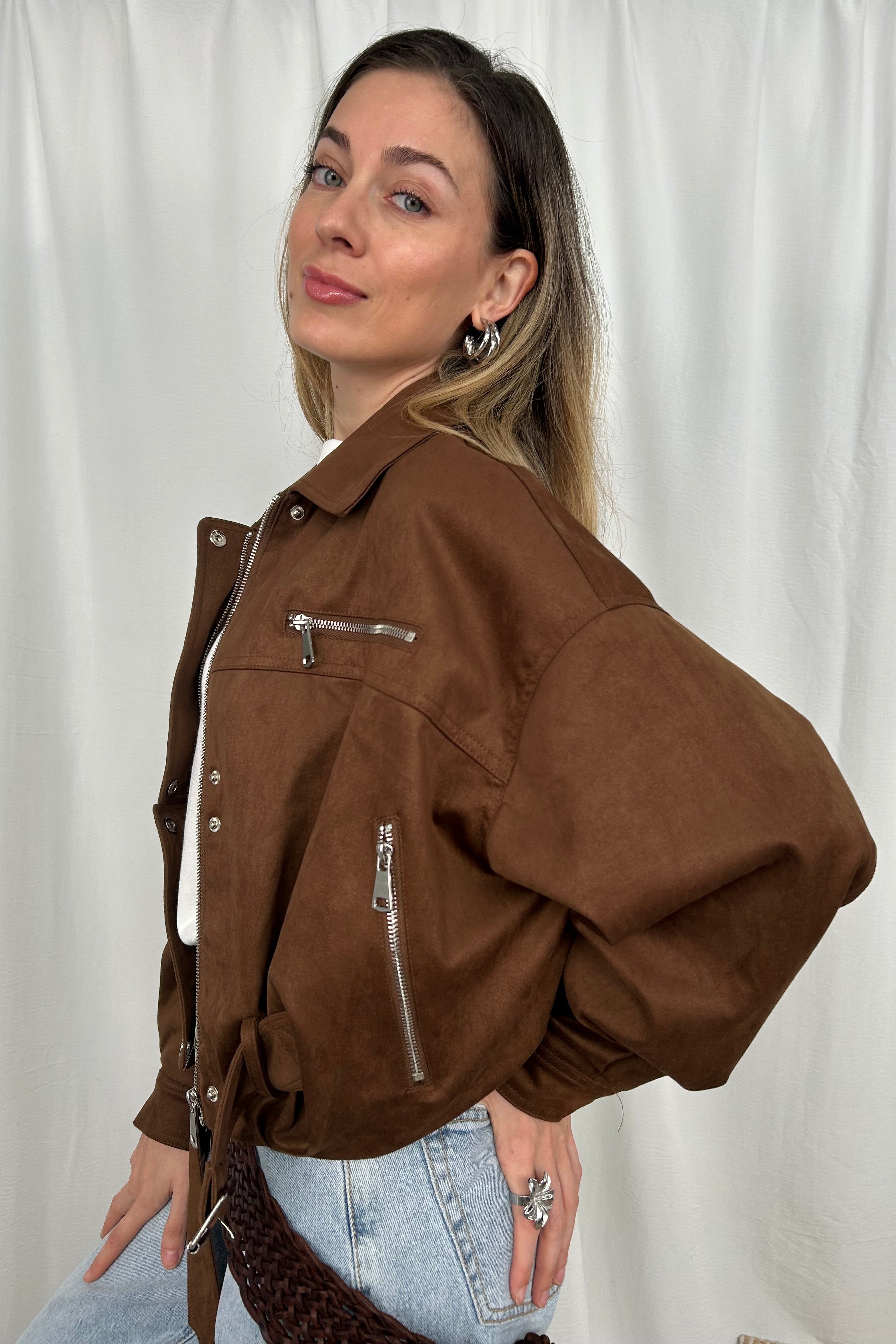 GIACCA CROPPED CON ZIP E CINTURA COL MORRONE
