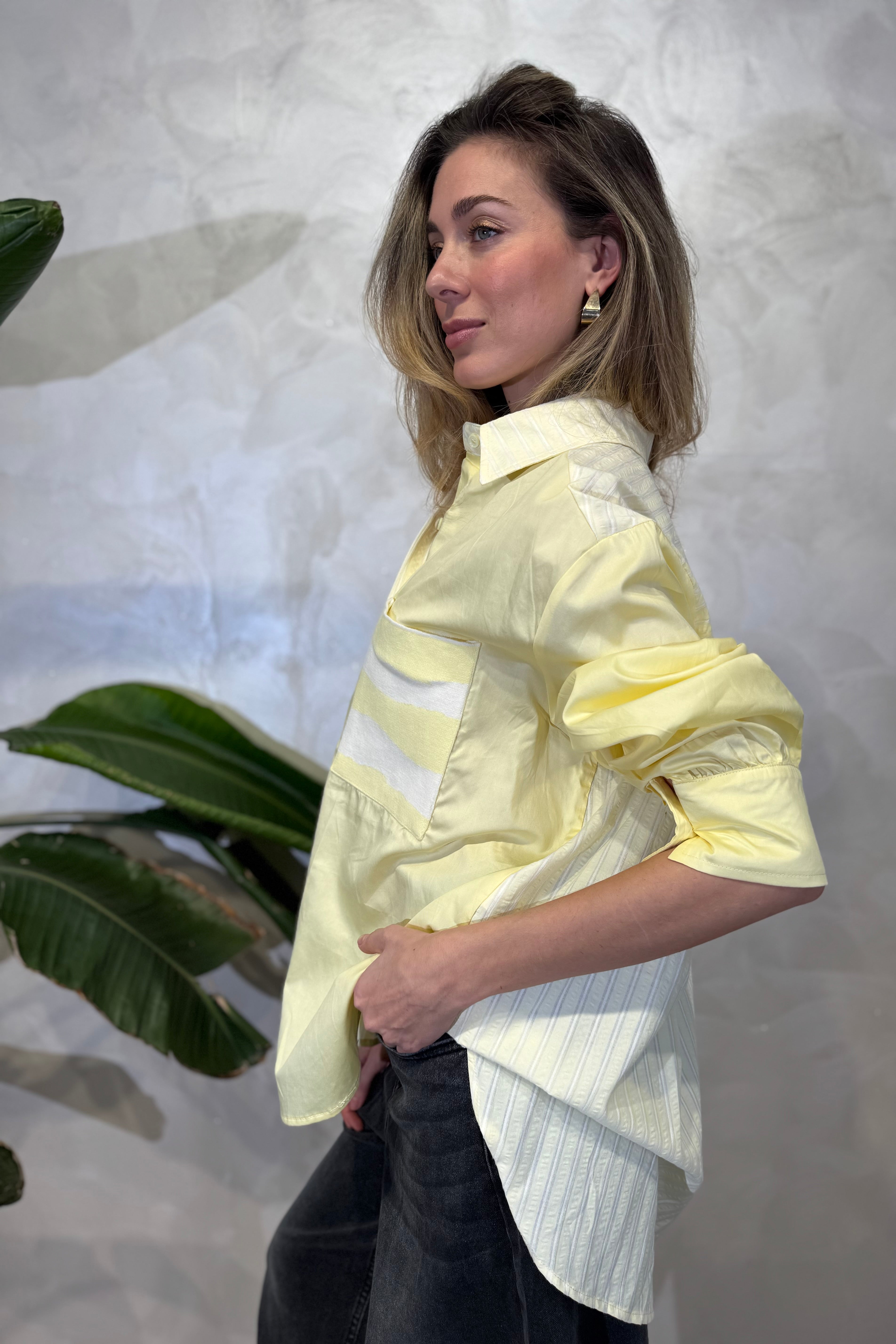 CAMICIA PATCHWORK CON RIGHE E UNITO COL. GIALLO