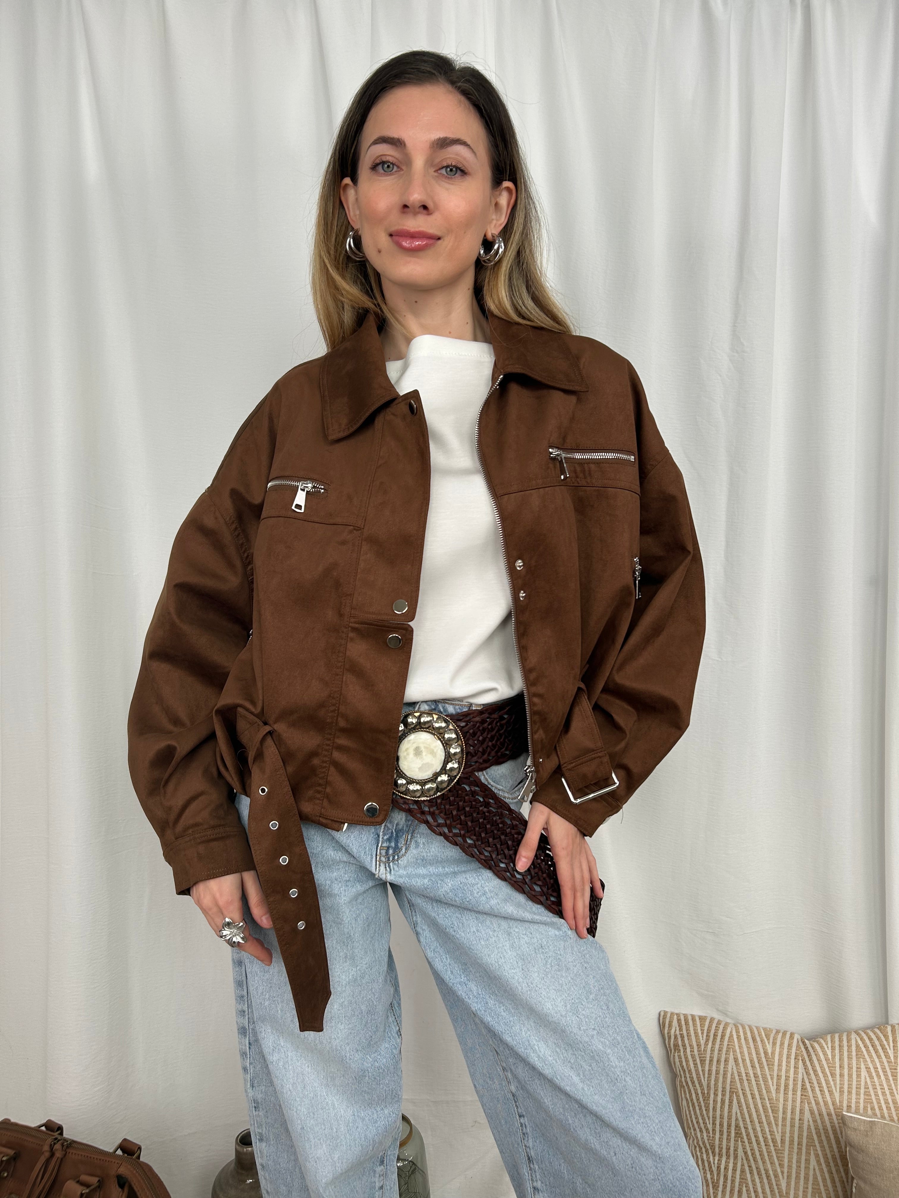 GIACCA CROPPED CON ZIP E CINTURA COL MORRONE