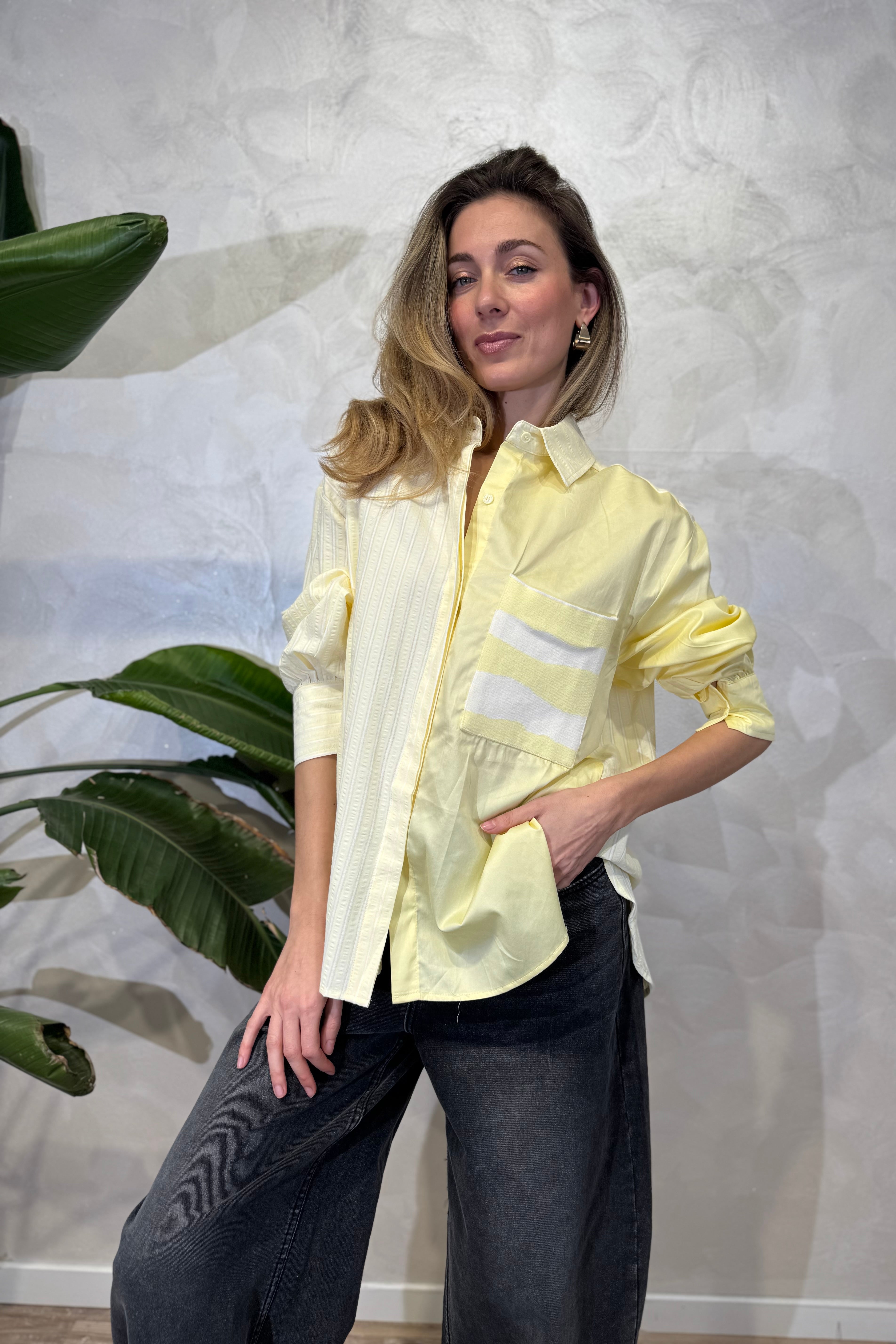 CAMICIA PATCHWORK CON RIGHE E UNITO COL. GIALLO