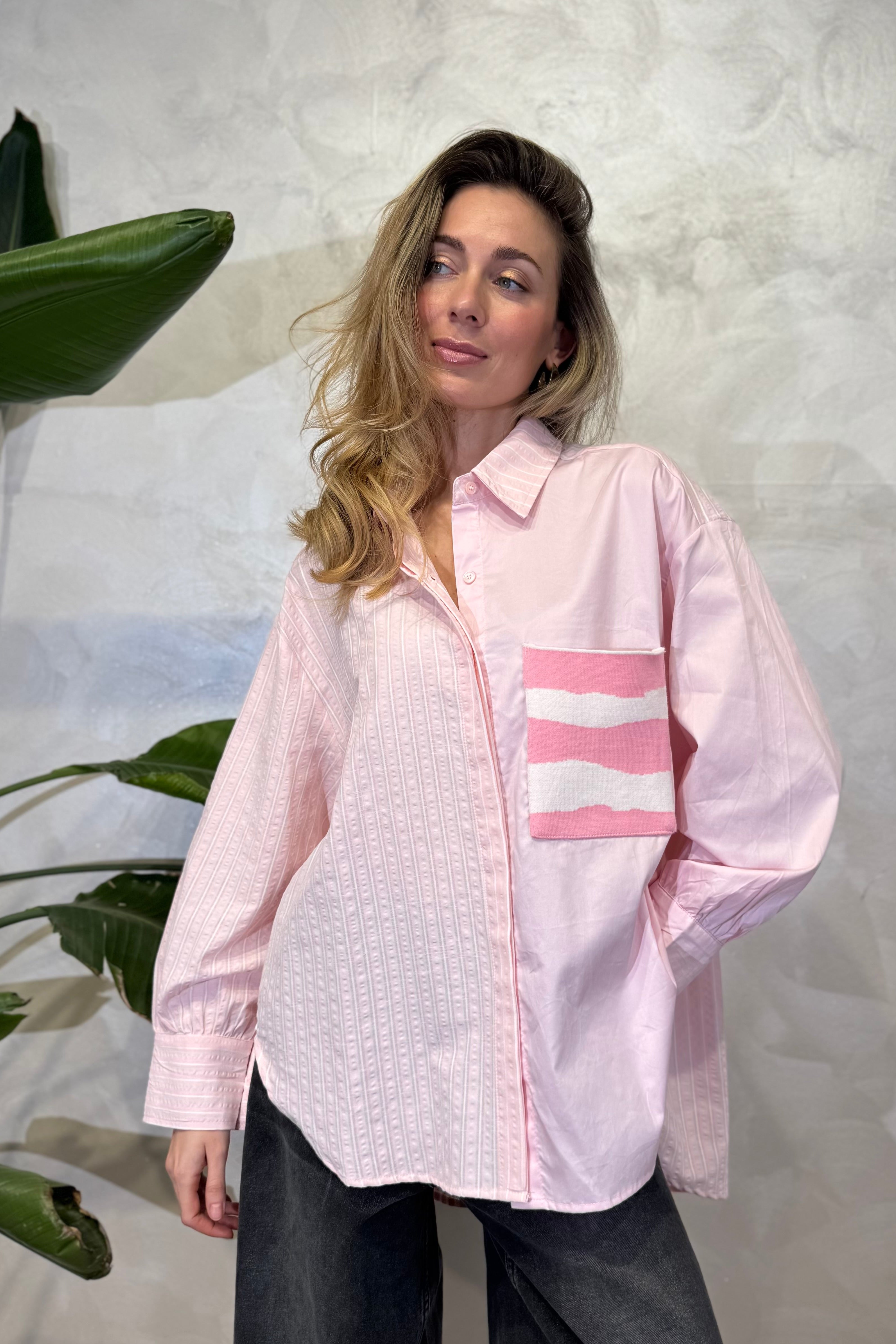 CAMICIA PATCHWORK CON RIGHE E UNITO COL. ROSA