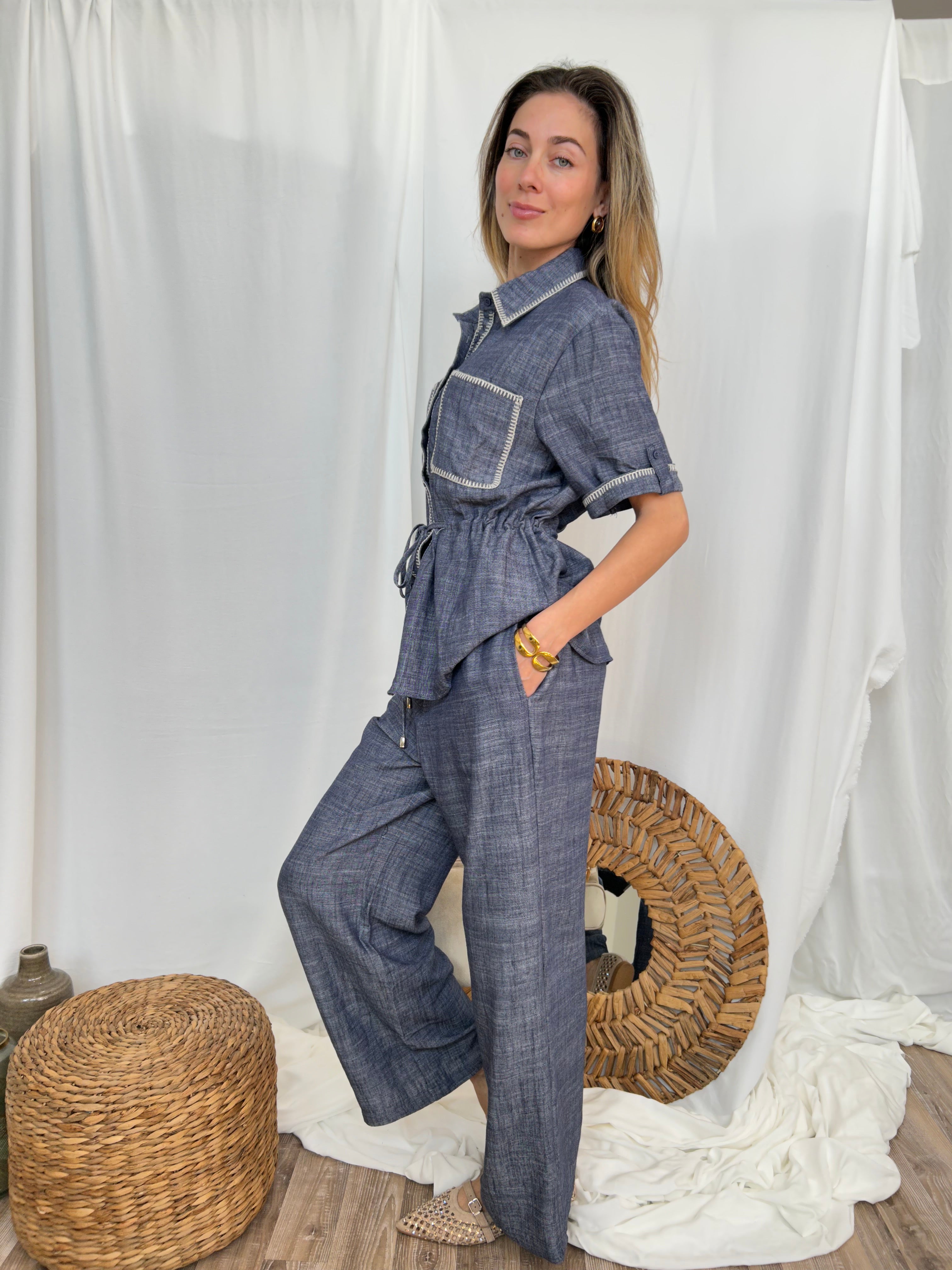 PANTALONE VITA ALTA GAMBA AMPIA CON DETTAGLIO RICAMO PUNTO CAVALLO COL.AZZURRO