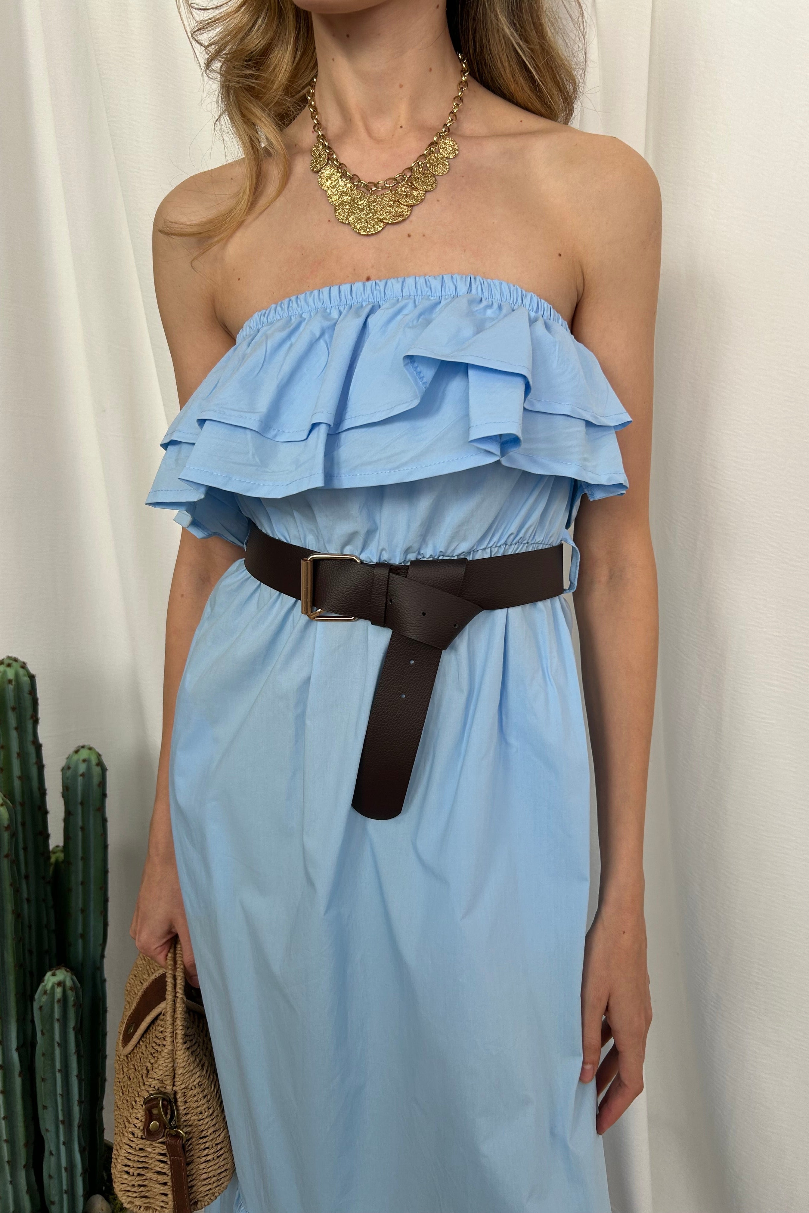 ABITO STRAPLESS CON VOLANT COL CIELO