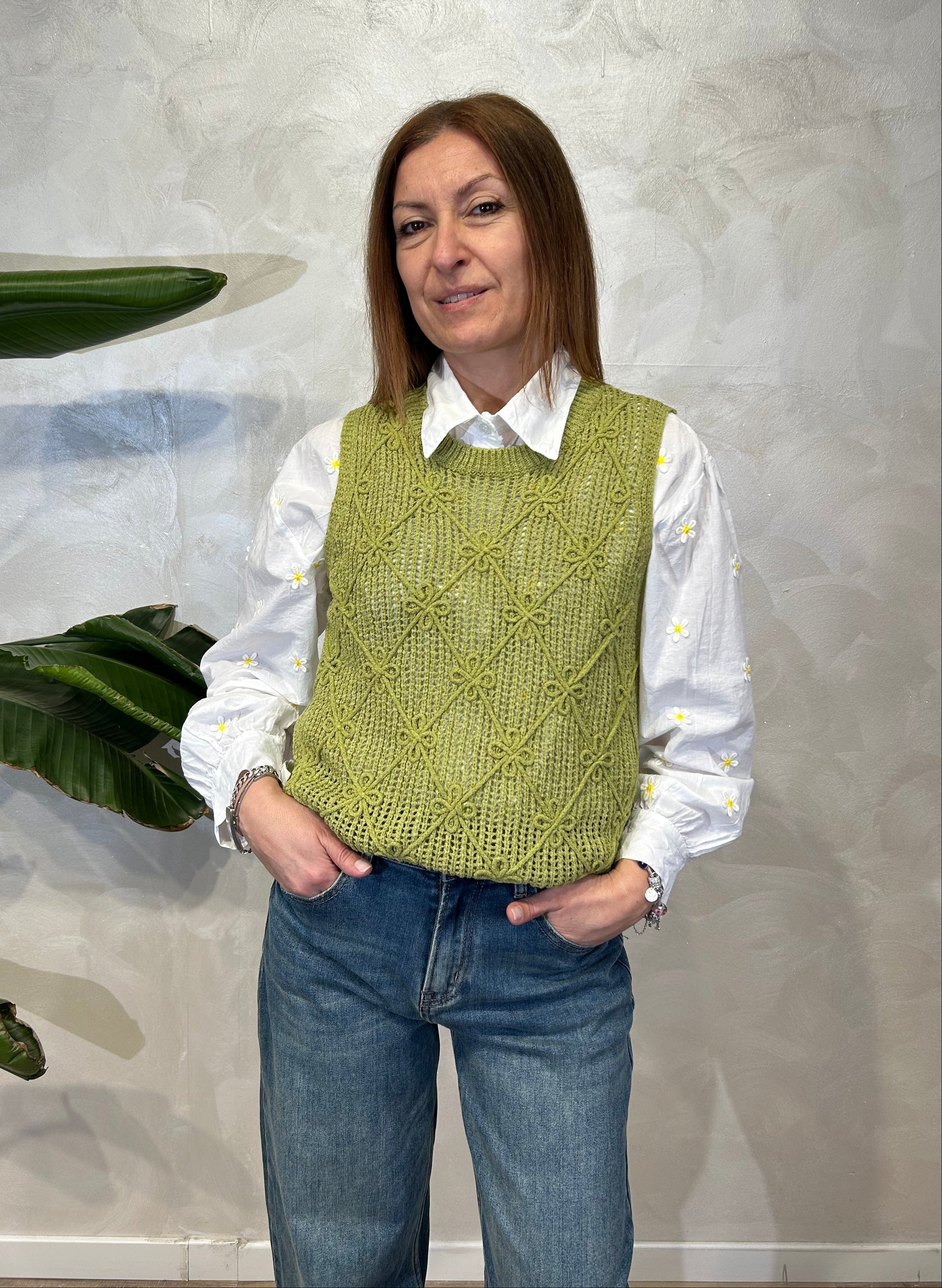 TOP SMANICATO IN MAGLIA SMACCHINATA CON MOTIVO A ROMBI COL.PISTACCHIO