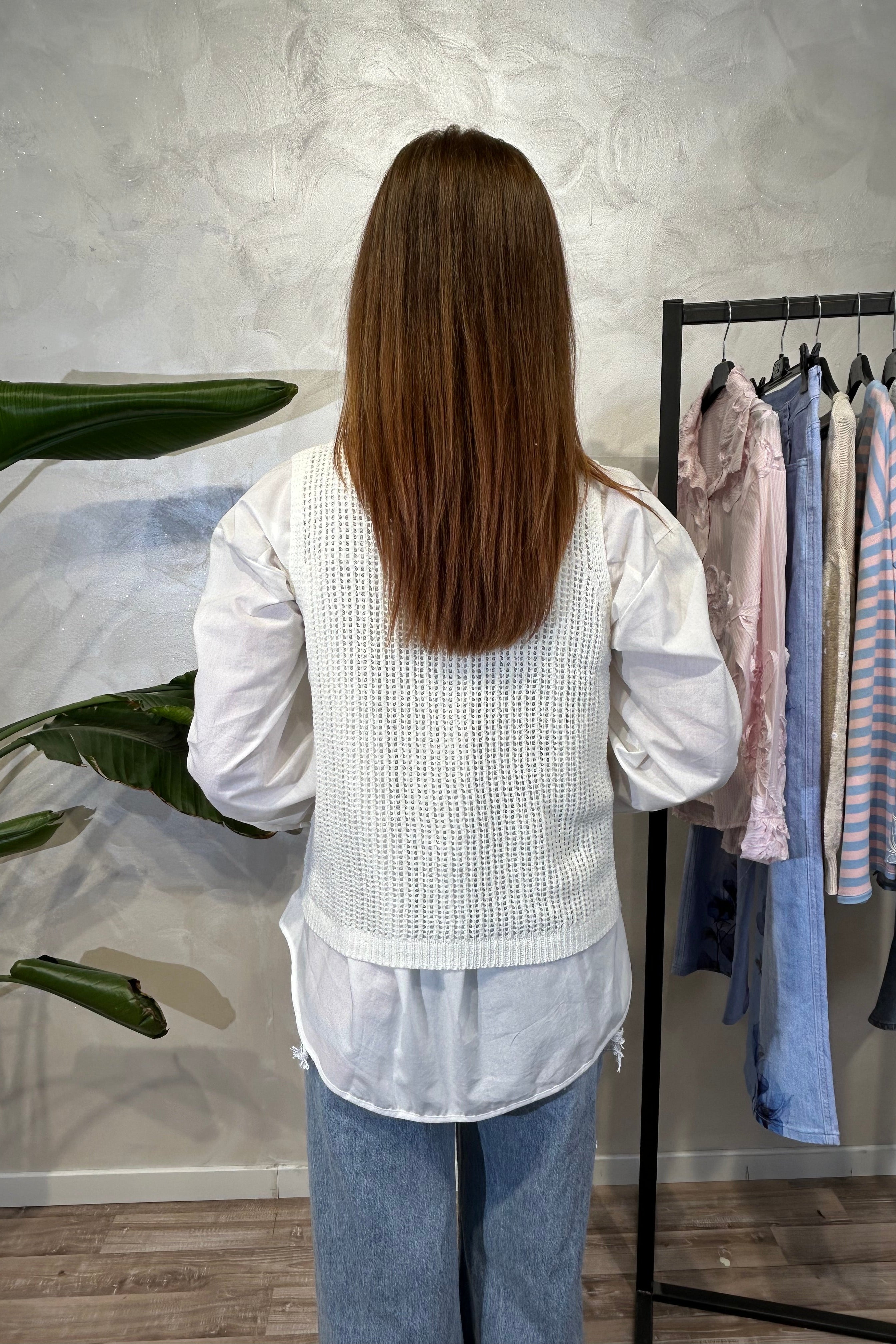 TOP SMANICATO IN MAGLIA SMACCHINATA CON MOTIVO A ROMBI COL.PANNA