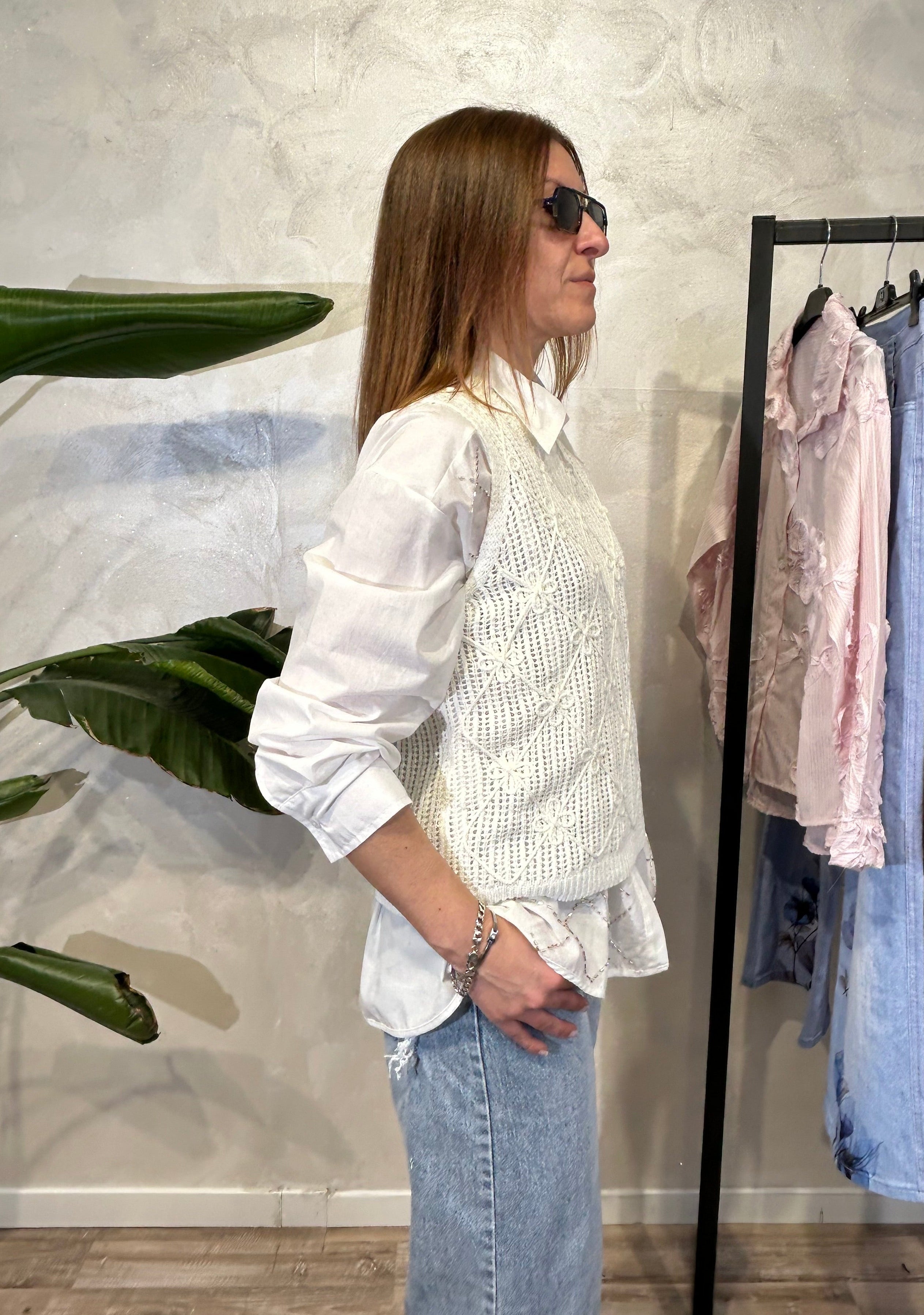 TOP SMANICATO IN MAGLIA SMACCHINATA CON MOTIVO A ROMBI COL.PANNA