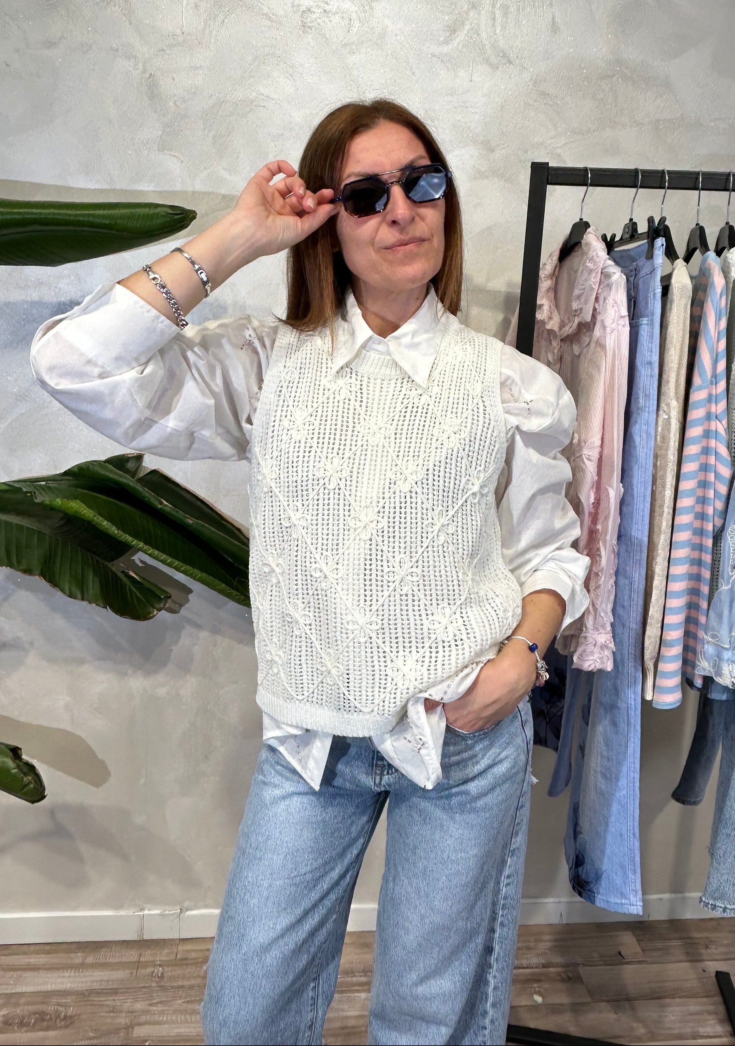 TOP SMANICATO IN MAGLIA SMACCHINATA CON MOTIVO A ROMBI COL.PANNA