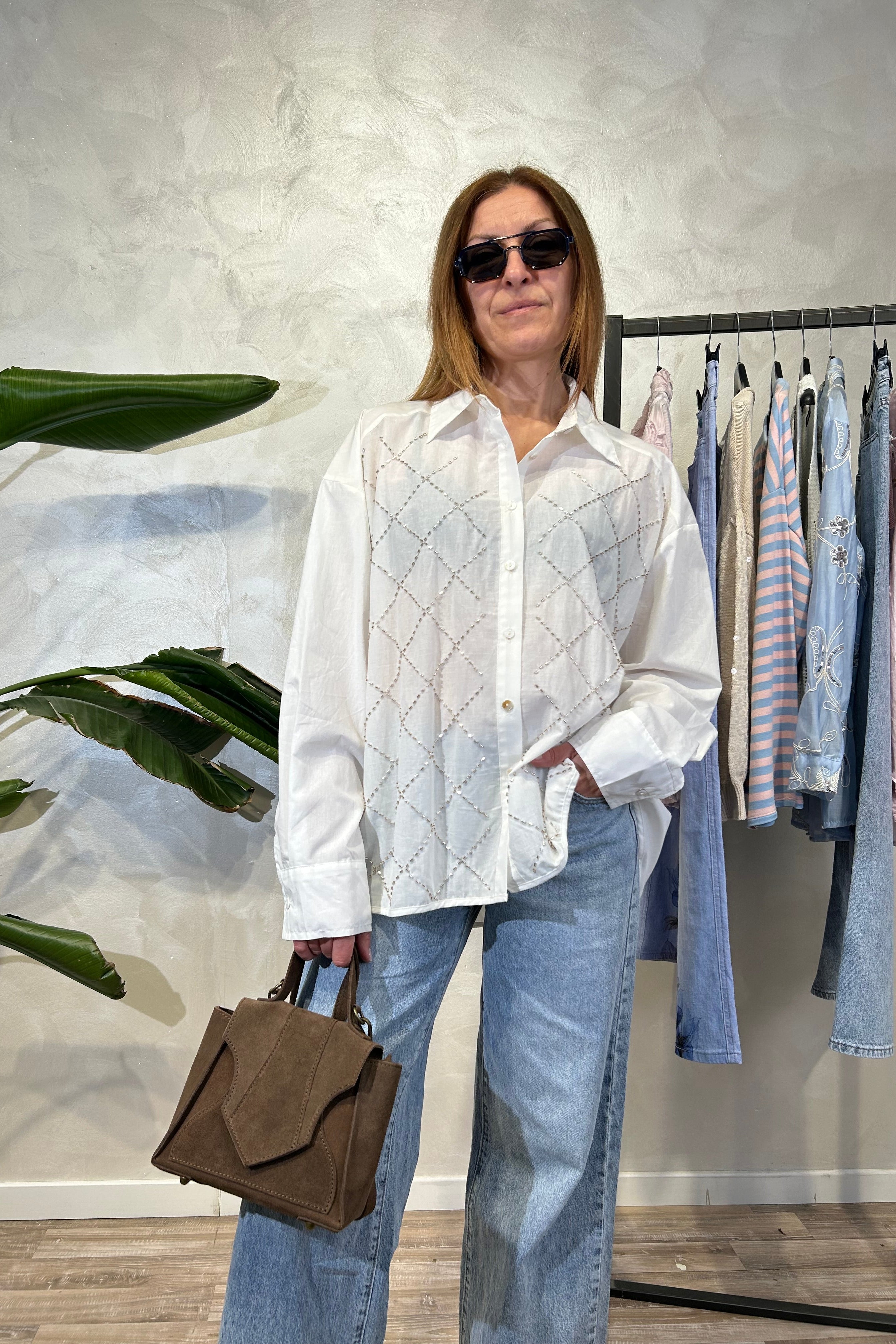 CAMICIA IN COTONE CON RICAMO A ROMBI IN PERLINE "BUGLE BEADS" COL.PANNA