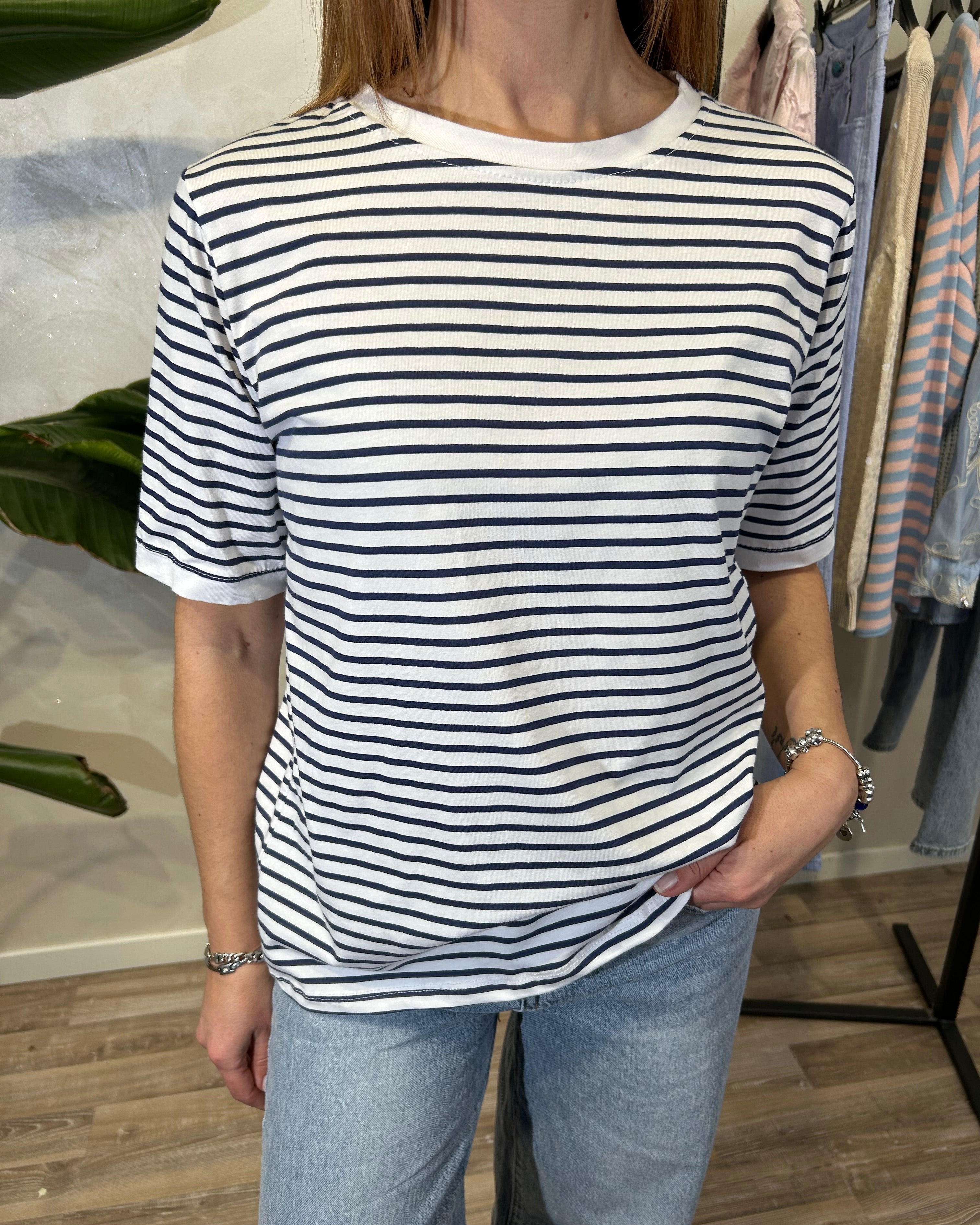 T-SHIRT MANICHE CORTE RIGATA COL.BLU