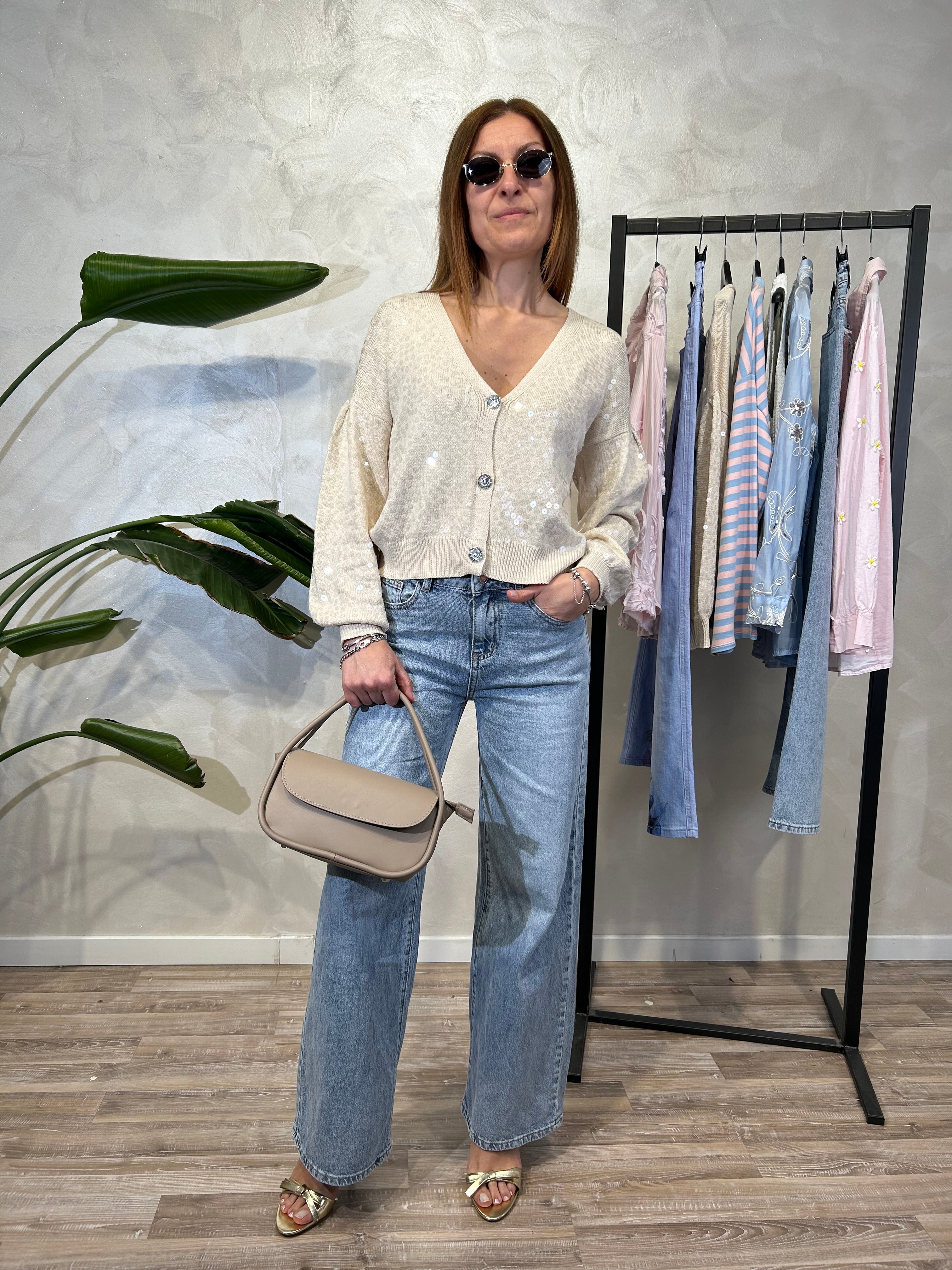 CARDIGAN IN MAGLIA CON APPLICAZIONI IN PAILETTES TRASPARENTI COL. SABBIA