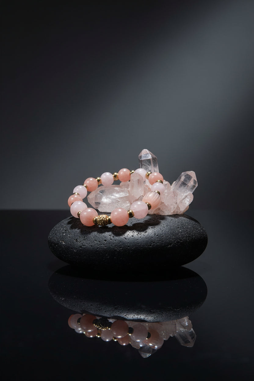BRACCIALE ROSA–PESCA CON PERLE E DISTANZIATORI ORO