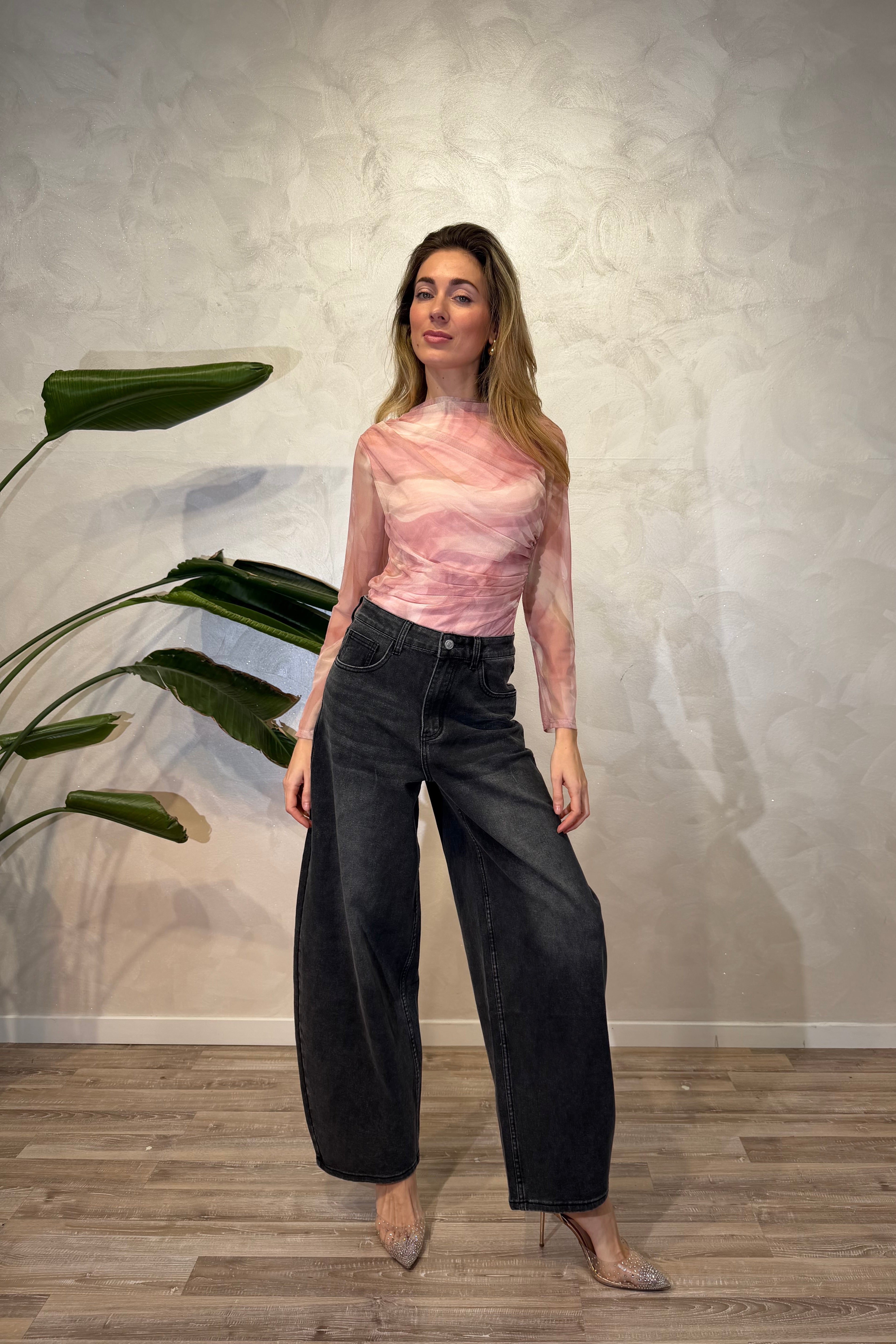 TOP ADERENTE IN TULLE FANTASIA SWIRL ROSA