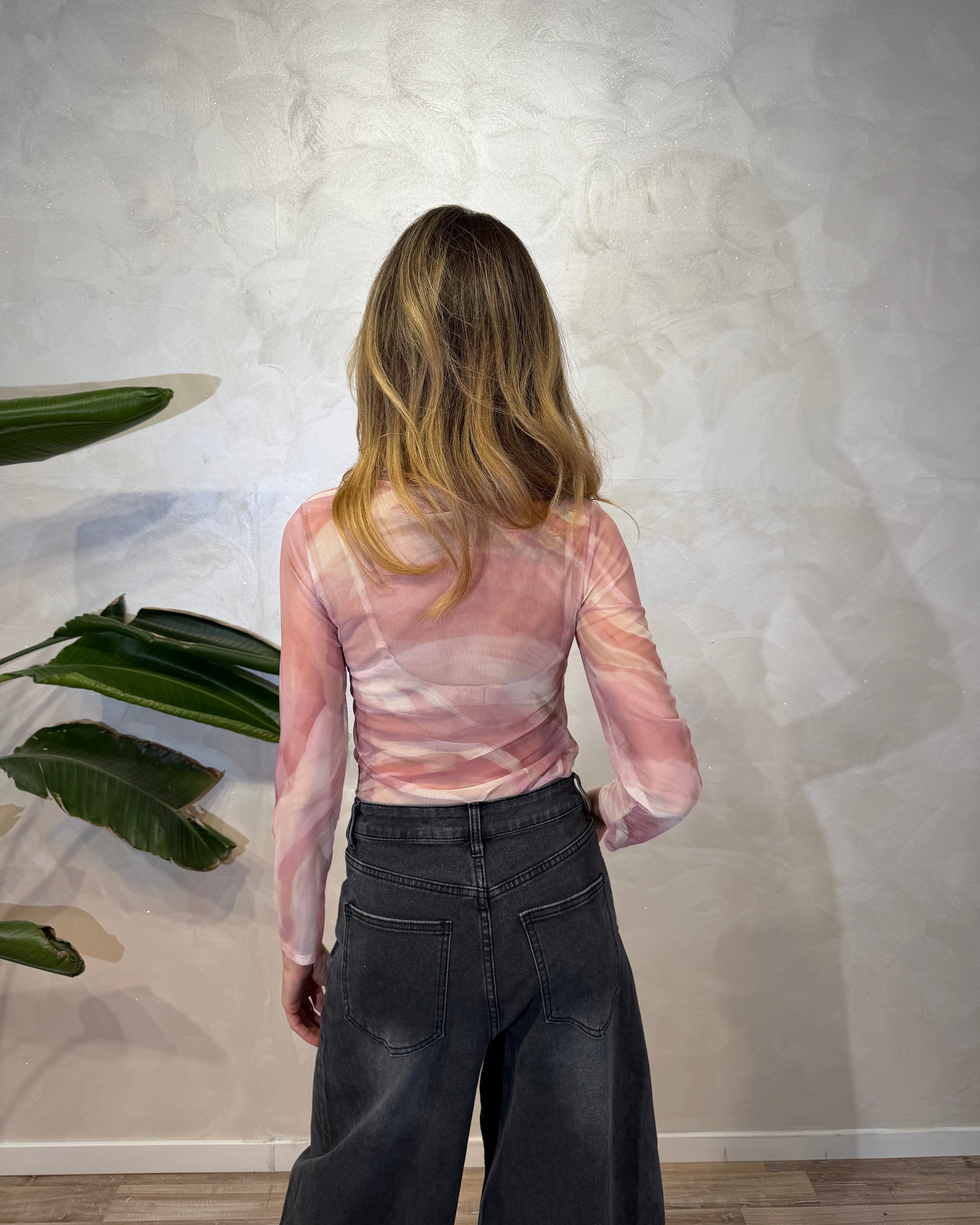 TOP ADERENTE IN TULLE FANTASIA SWIRL ROSA