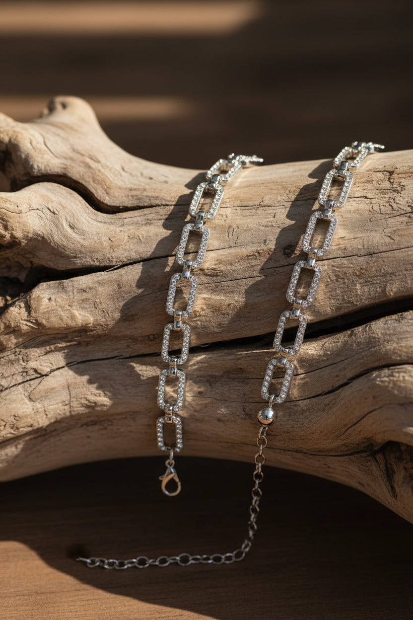 CINTURA ELEGANTE A MAGLIE RETTANGOLARI CON STRASS INCASTONATI COL. SILVER