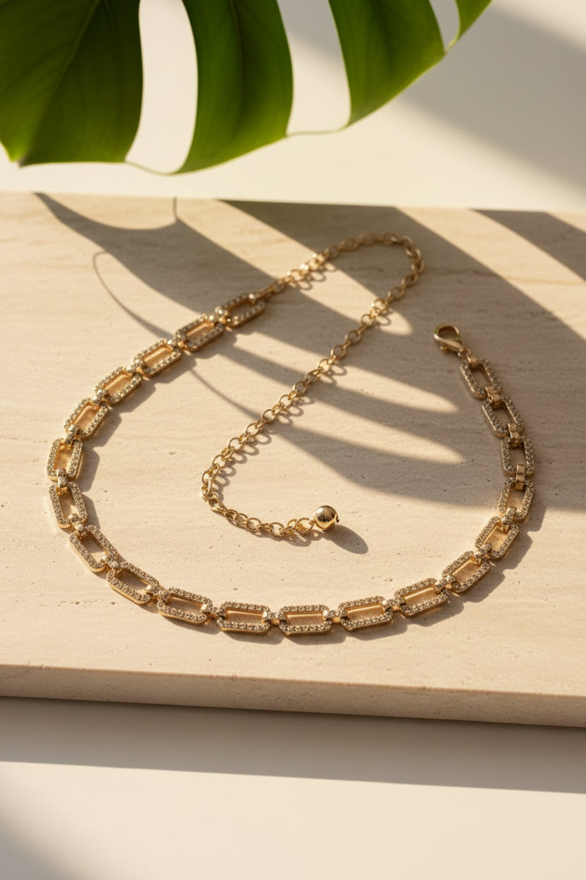 CINTURA ELEGANTE A MAGLIE RETTANGOLARI CON STRASS INCASTONATI COL. GOLD