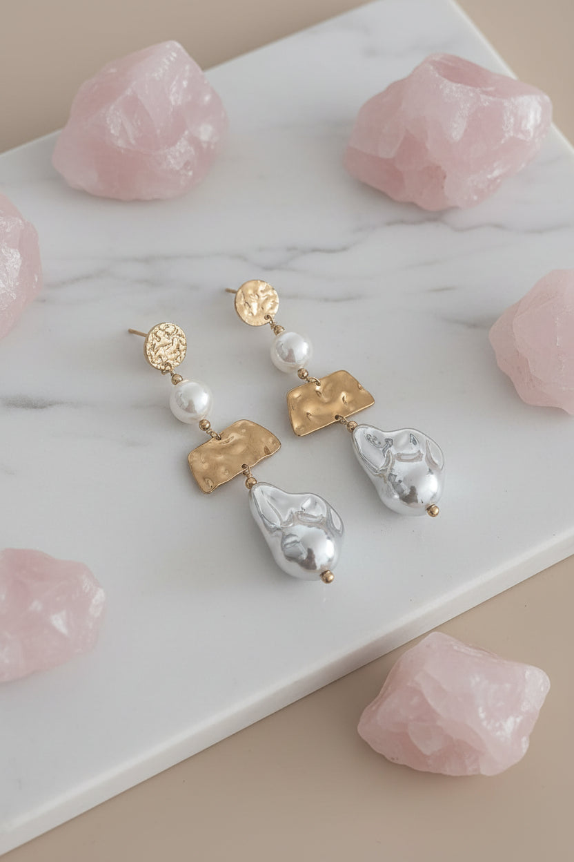 GOLD FUSION — ORECCHINI PENDENTI BICOLOR MARTELLATI