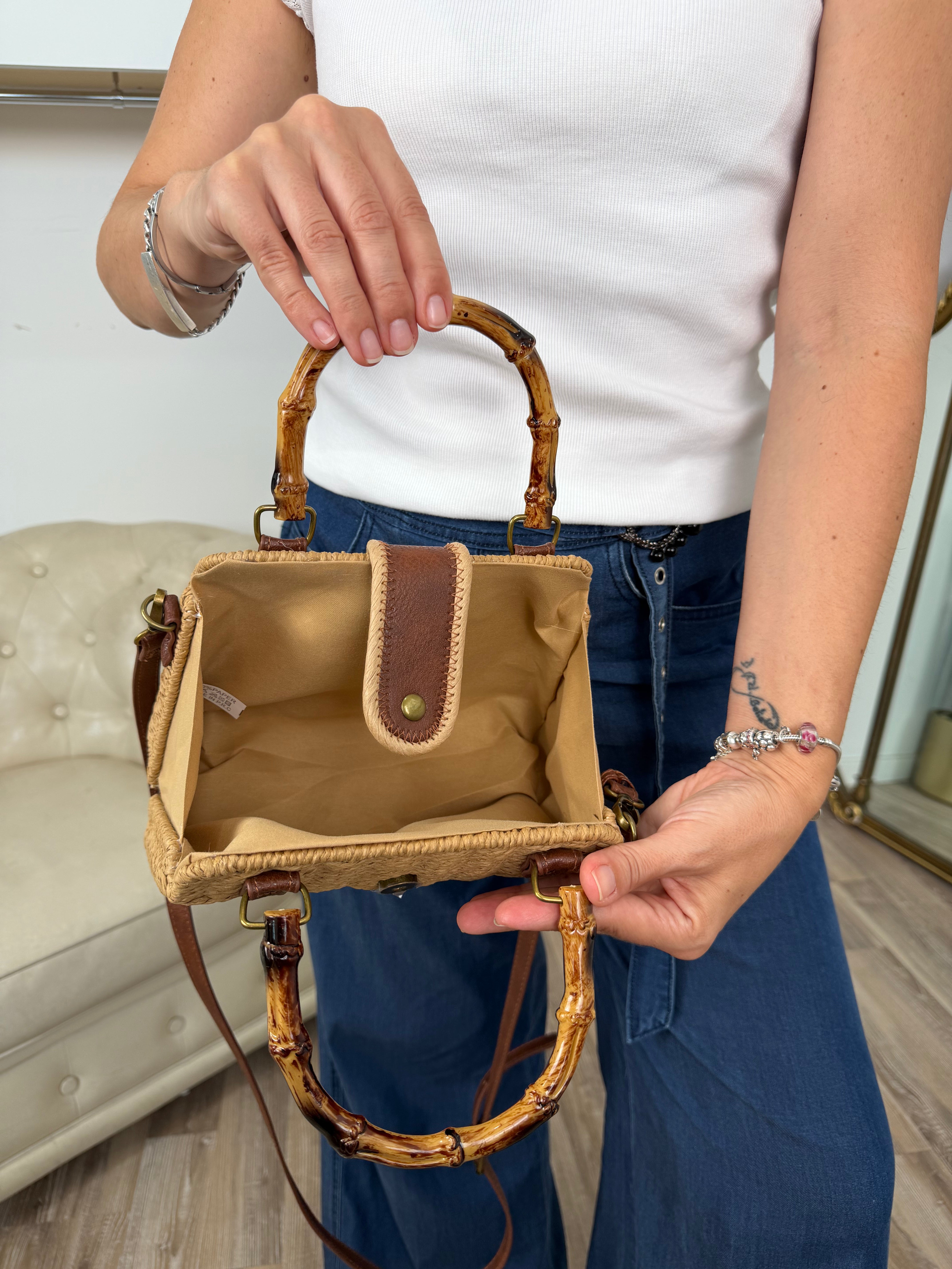 BORSA PAGLIA & BAMBOO CON DETTAGLI CUOIO