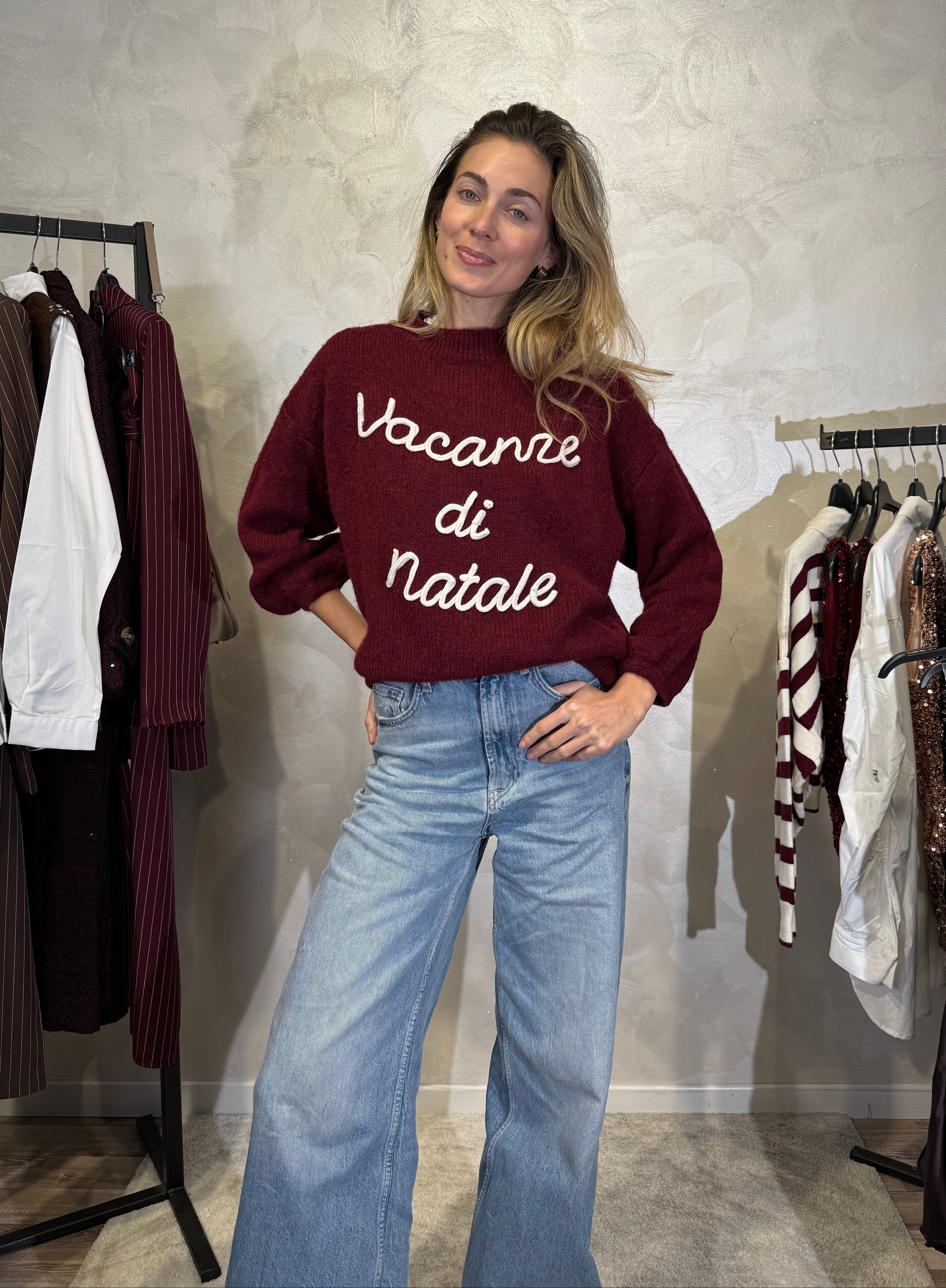 MAGLIONE CON RICAMO VACANZE DI NATALE COL. BORDEAUX