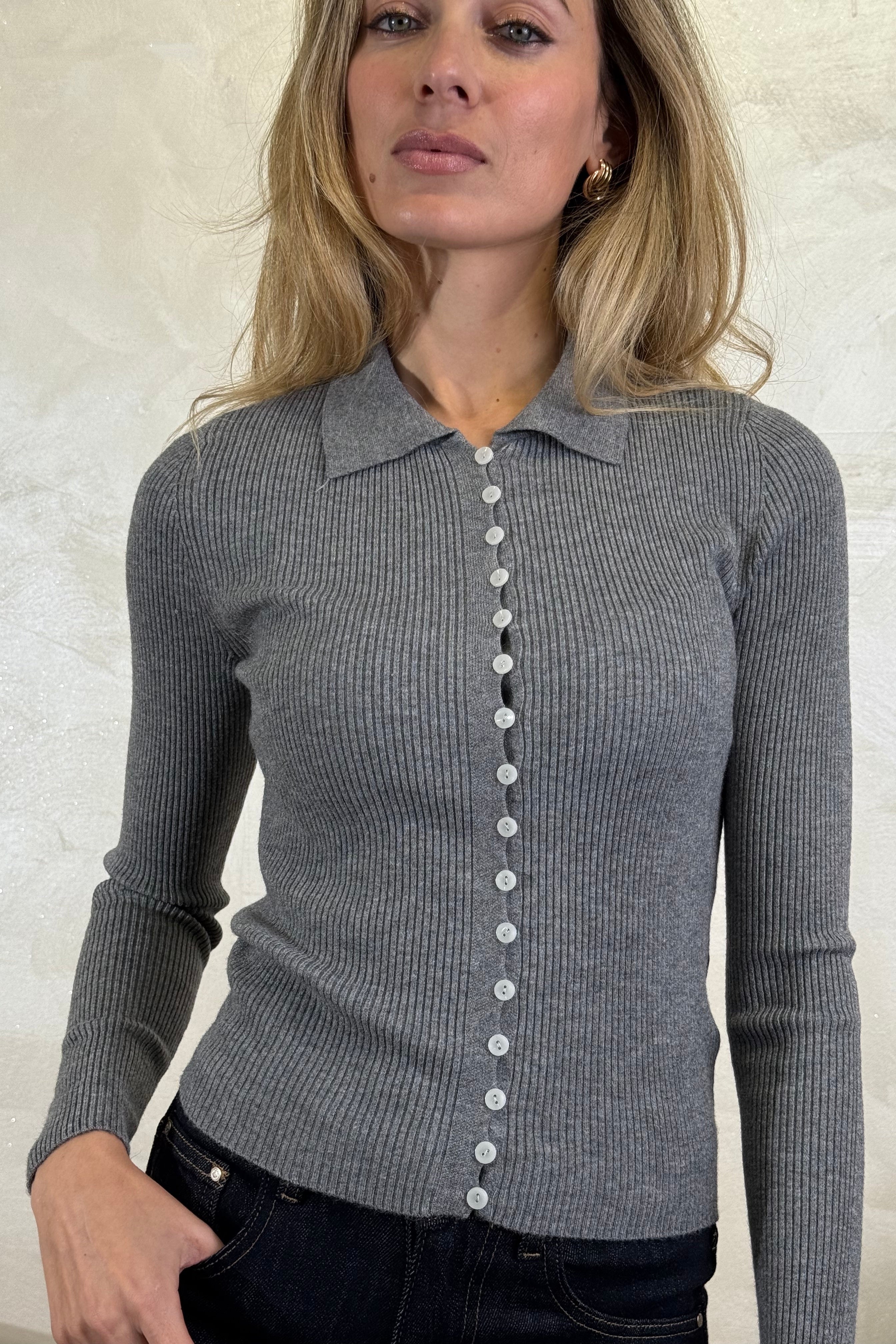 CARDIGAN A POLO COL.GRIGIO