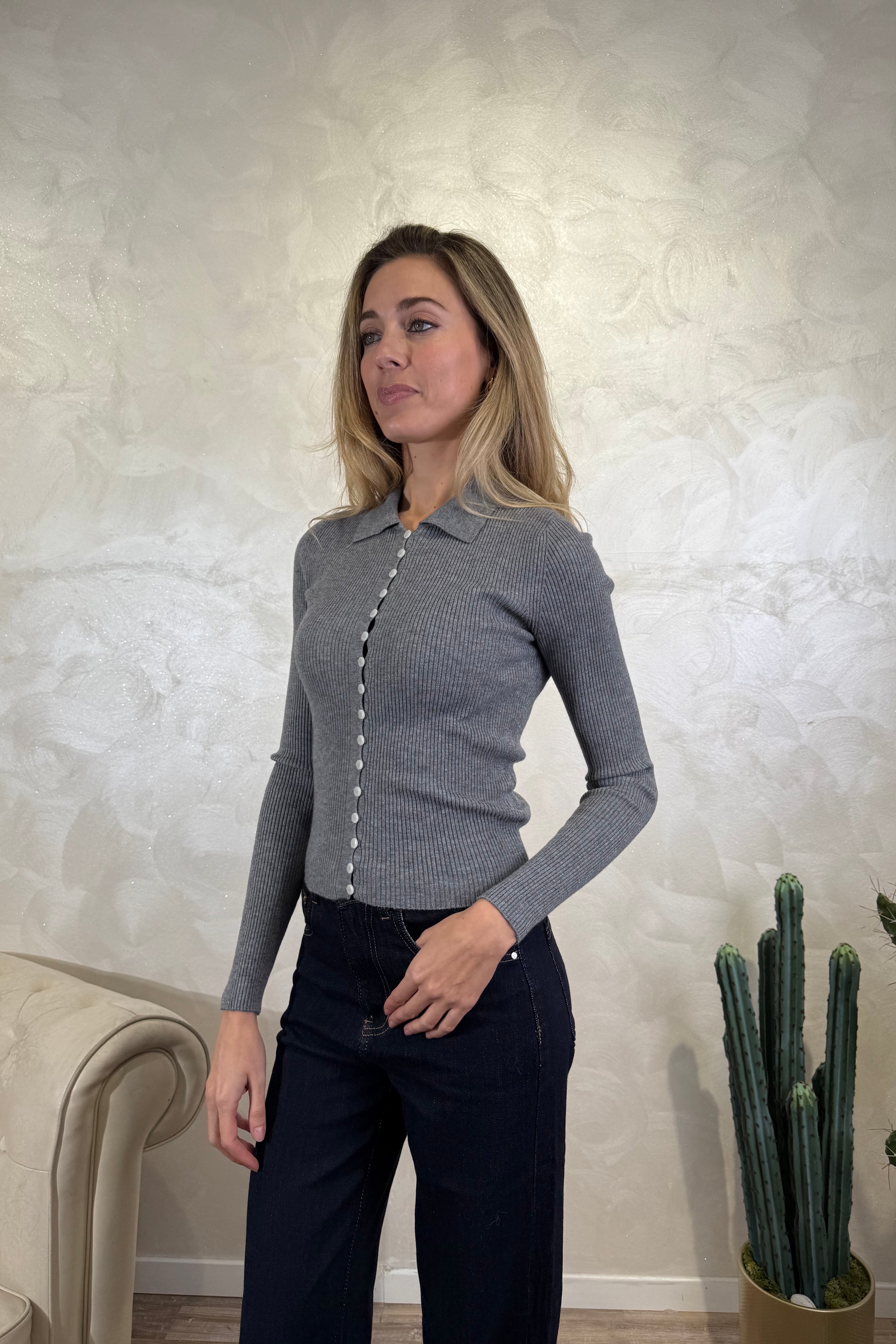 CARDIGAN A POLO COL.GRIGIO