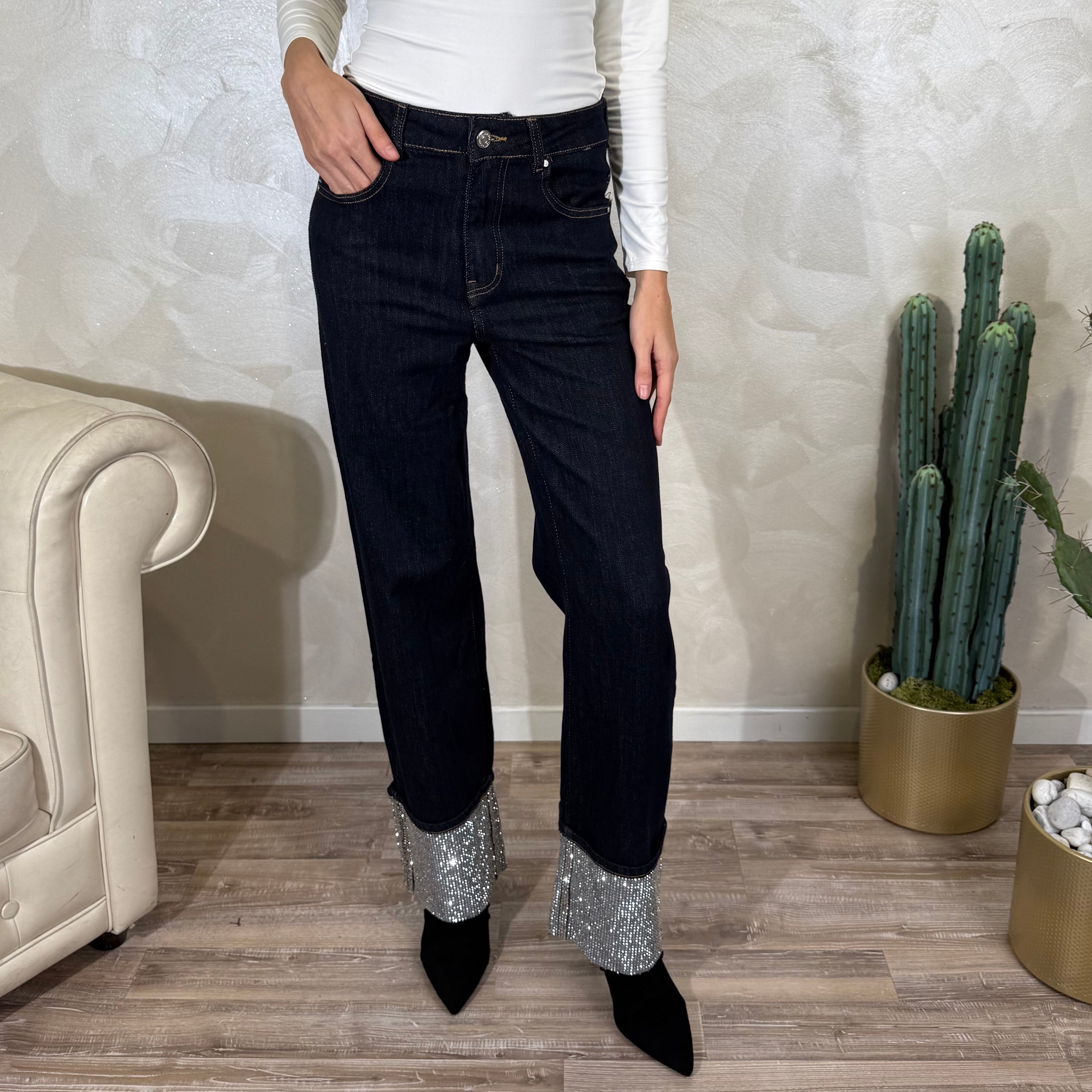 JEANS RISVOLTO CON STRASS COL. DENIM SCURO