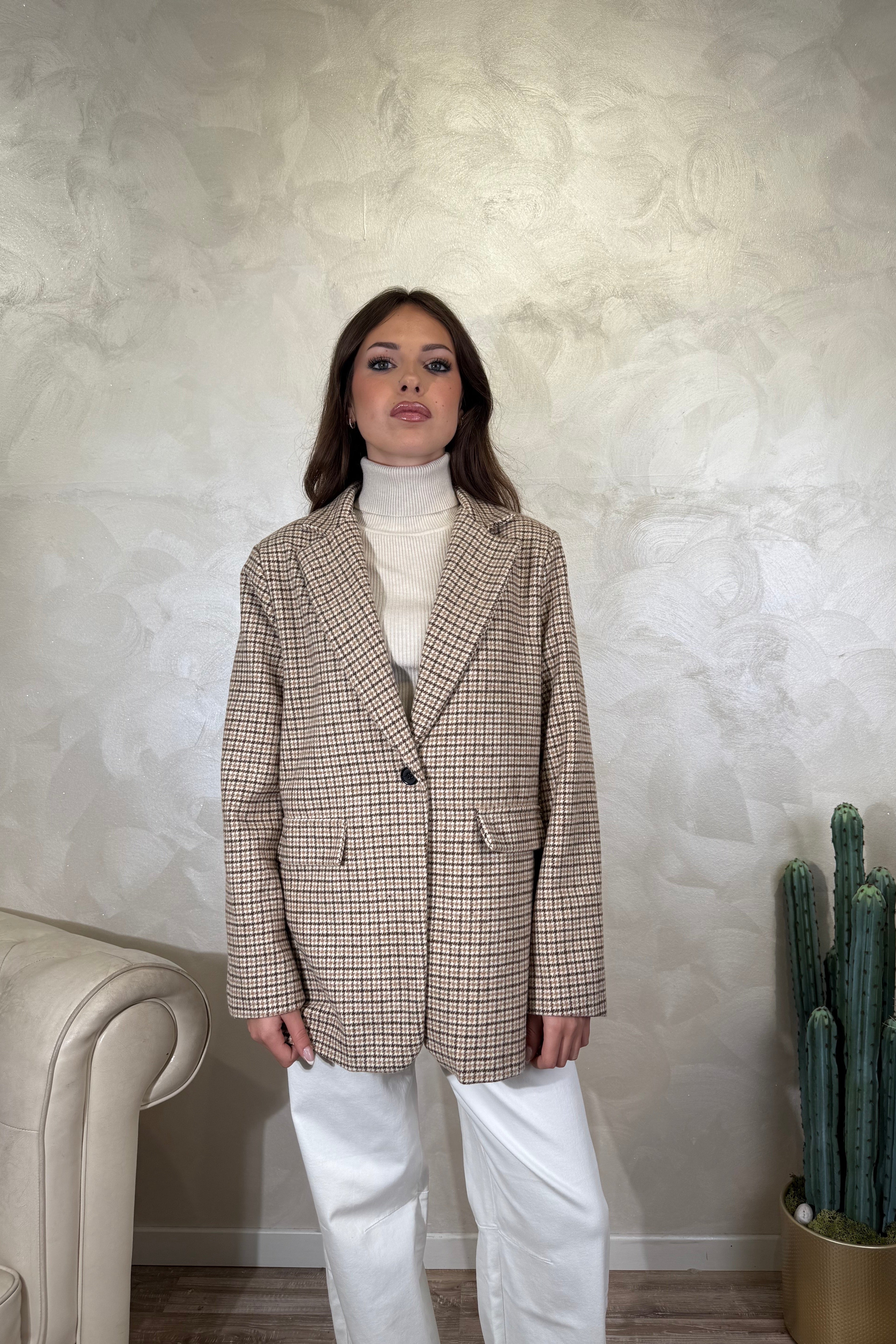 BLAZER PIED DE POULE COL.BEIGE