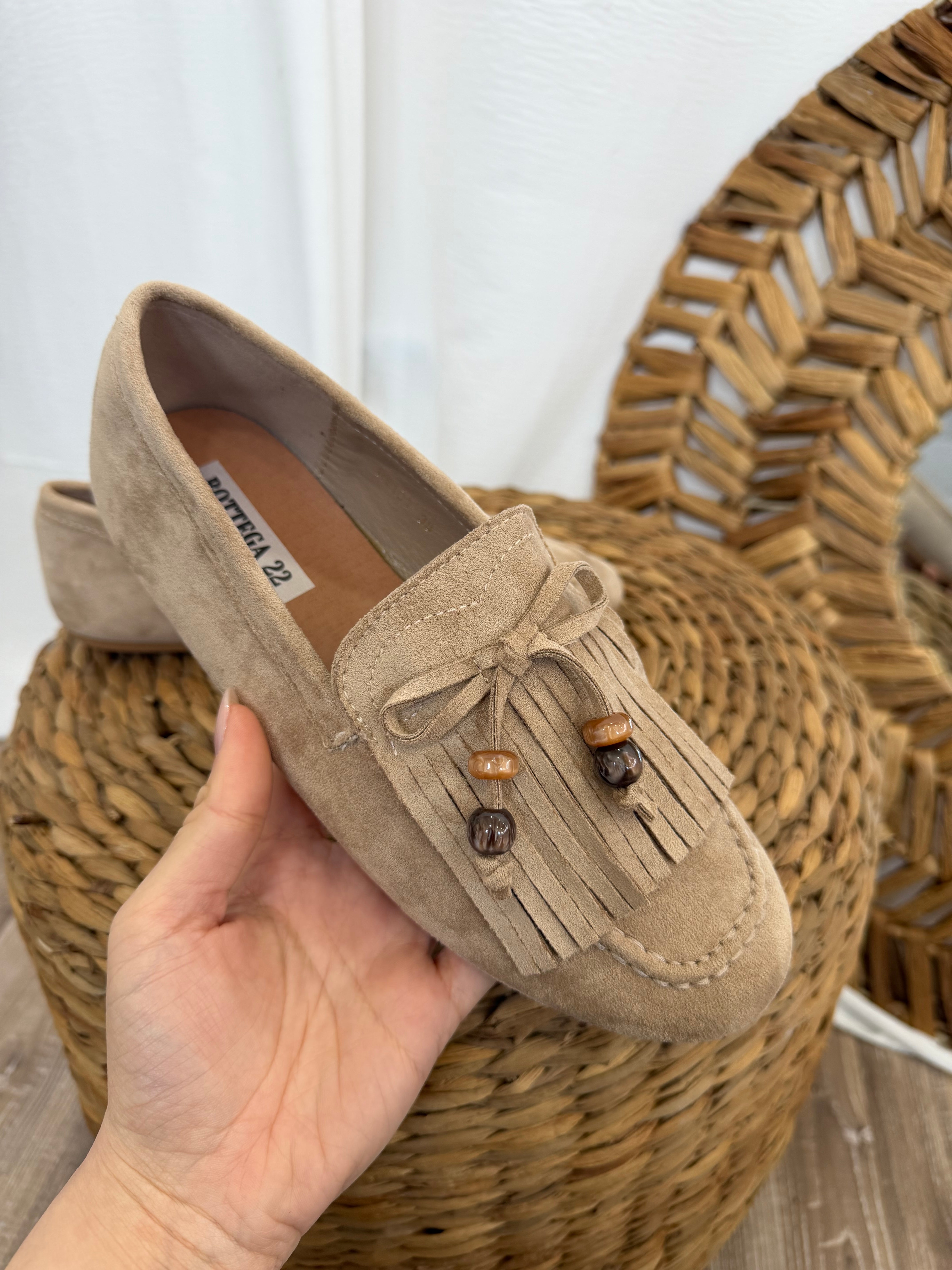 SCARPA MOCASSINI DONNA SCAMOSCIATI FRANGE COL KHAKI