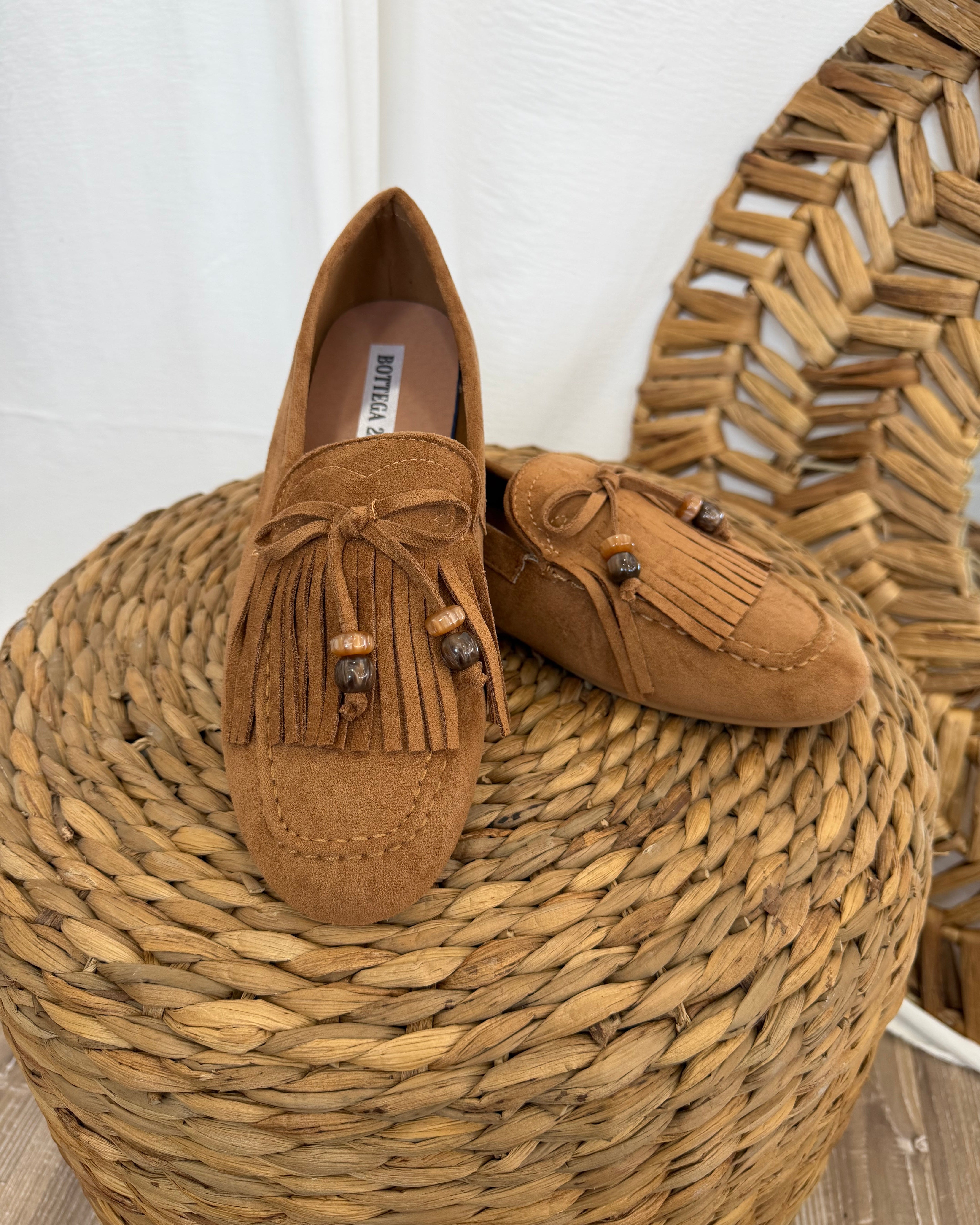 SCARPA MOCASSINI DONNA SCAMOSCIATI FRANGE COL CAMEL