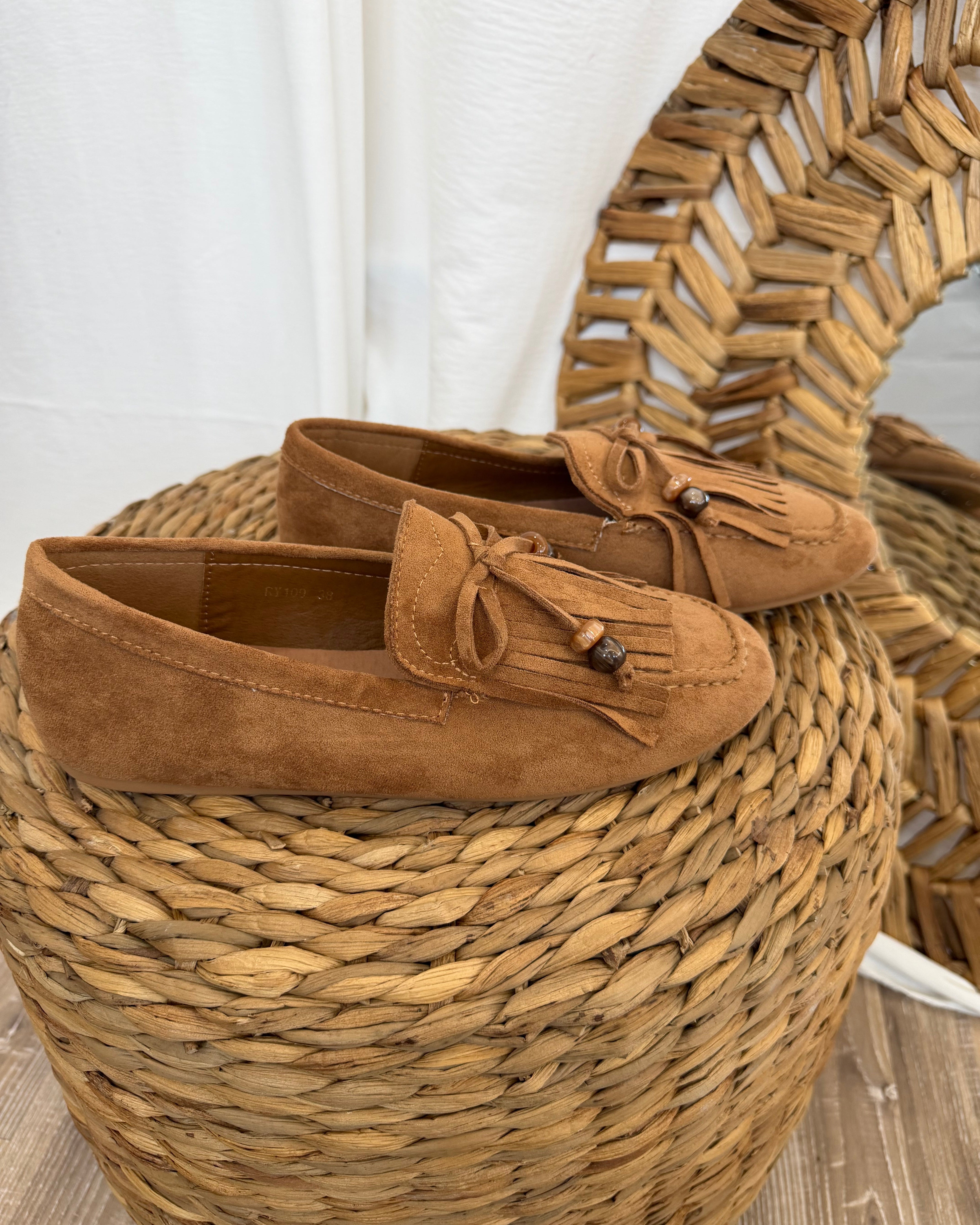 SCARPA MOCASSINI DONNA SCAMOSCIATI FRANGE COL CAMEL