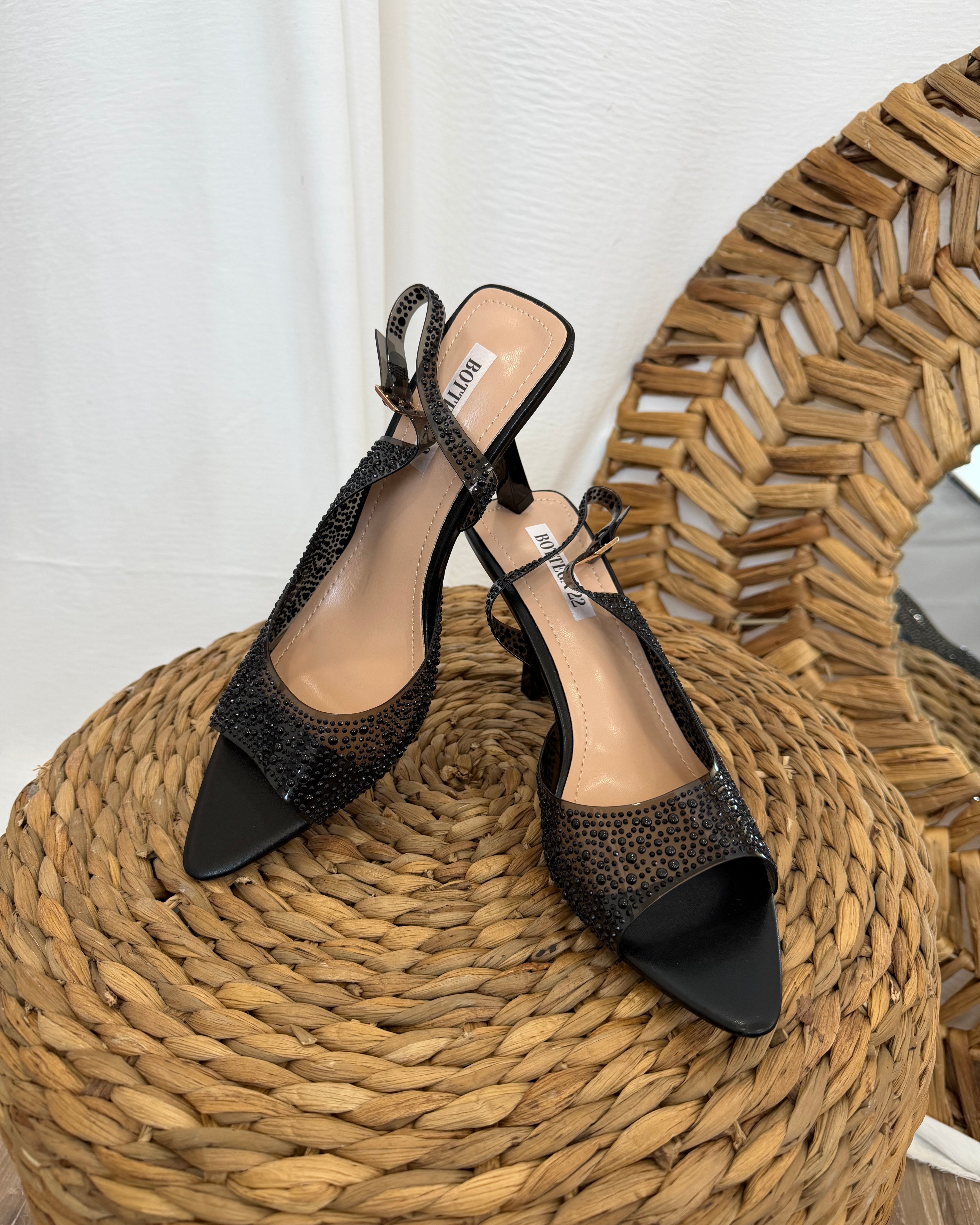 SLINGBACK TRASPARENTE CON DETTAGLI STRASS TONO SU TONO PUNTA AFFUSOLATA COL.NERO