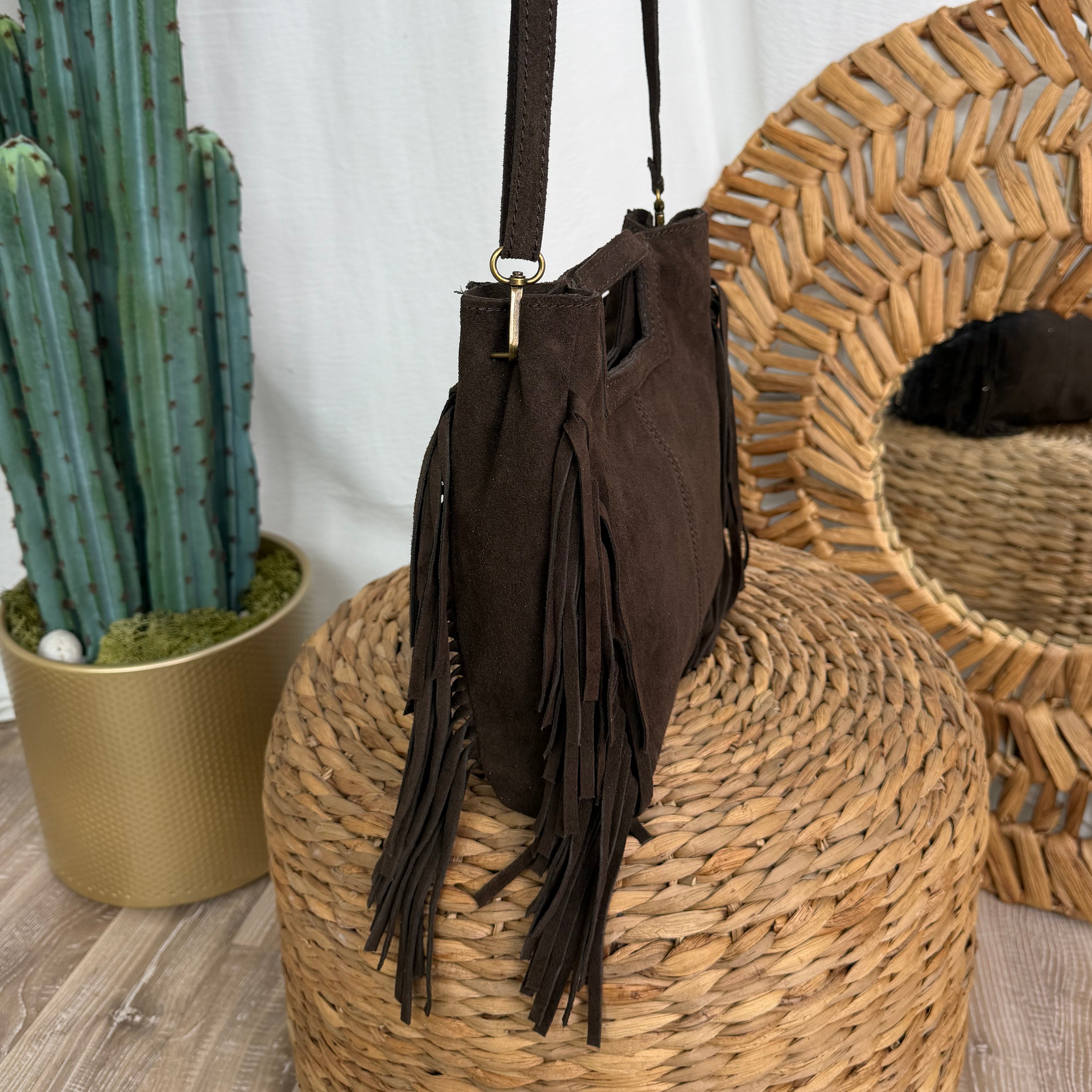 BORSA IN VERA PELLE SCAMOSCIATA CON FRANGE COL. MORO