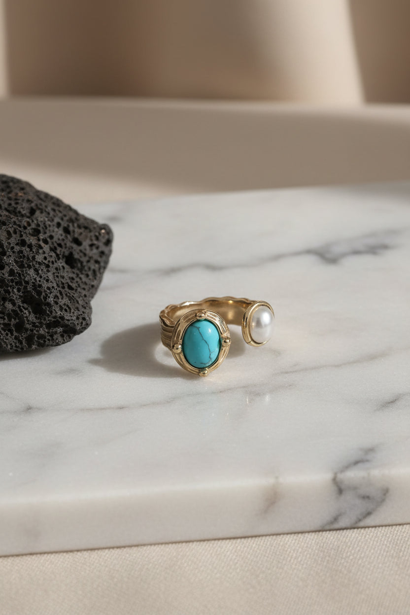 ANELLO ORO CON PIETRA TURCHESE E PERLA