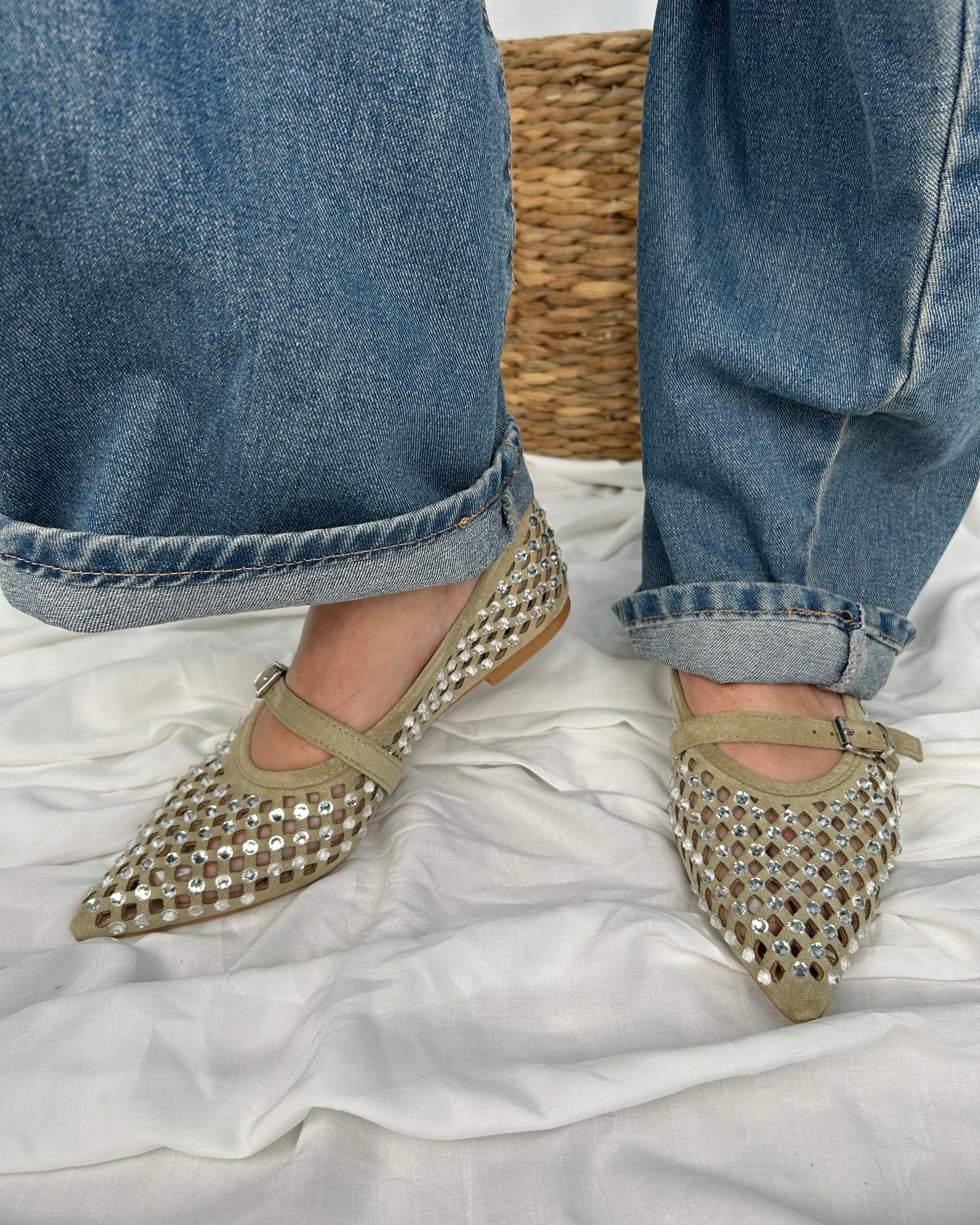 BALLERINA INTRECCIATA CON BORCHIE STRASS E CINTURINO COL.LIGHT GREEN