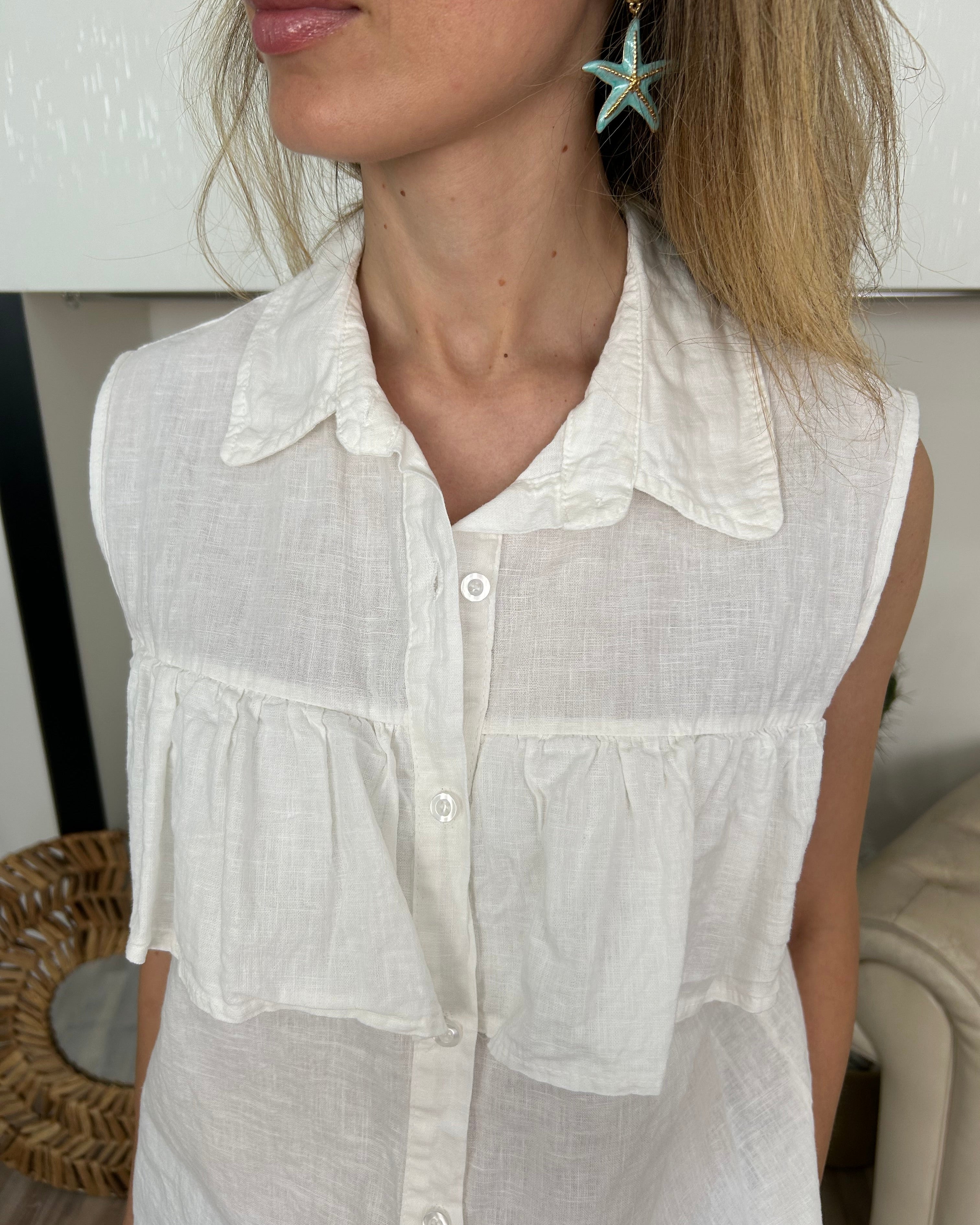 BLUSA SMANICATA CON ROUCHES COL. BIANCO