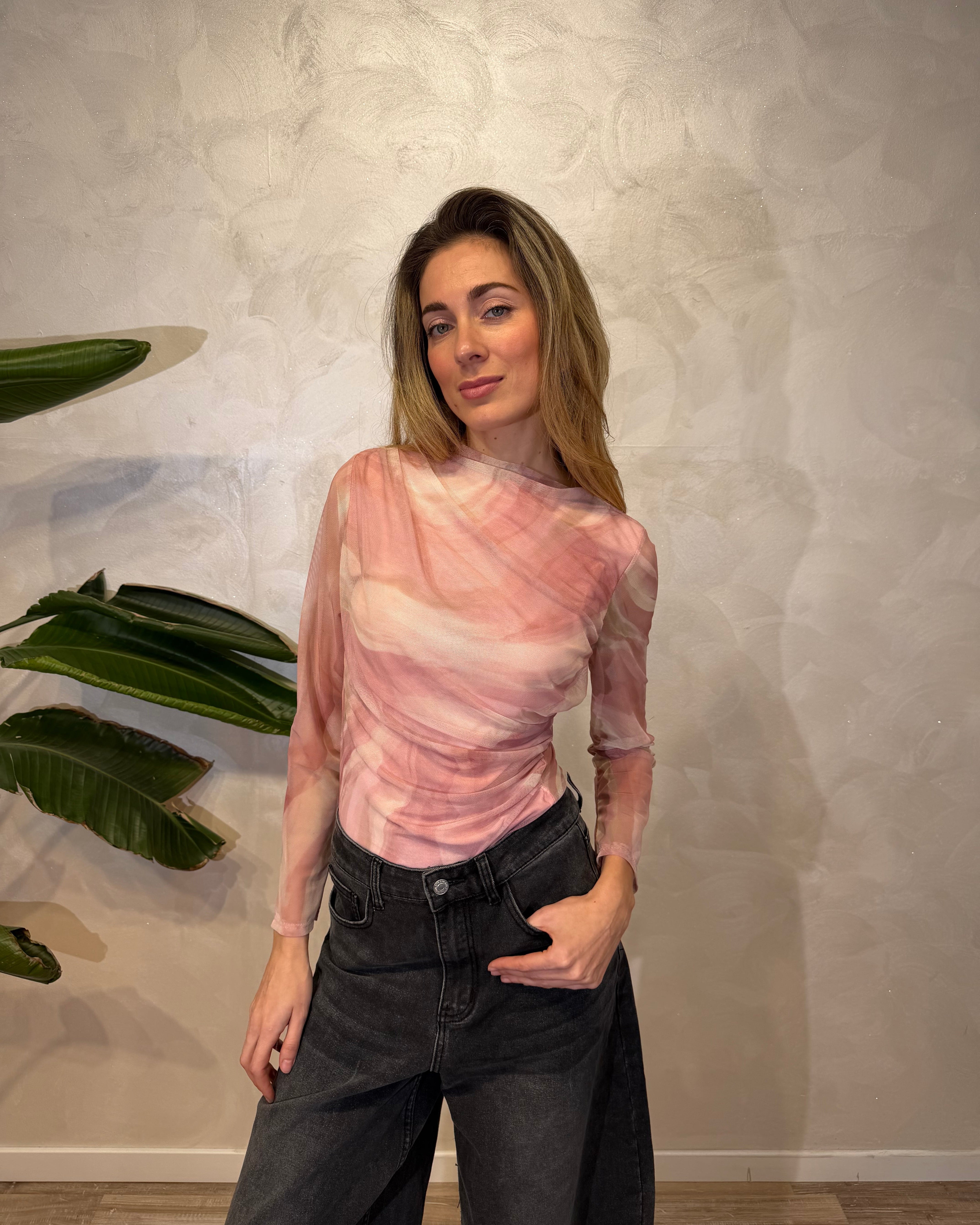 TOP ADERENTE IN TULLE FANTASIA SWIRL ROSA