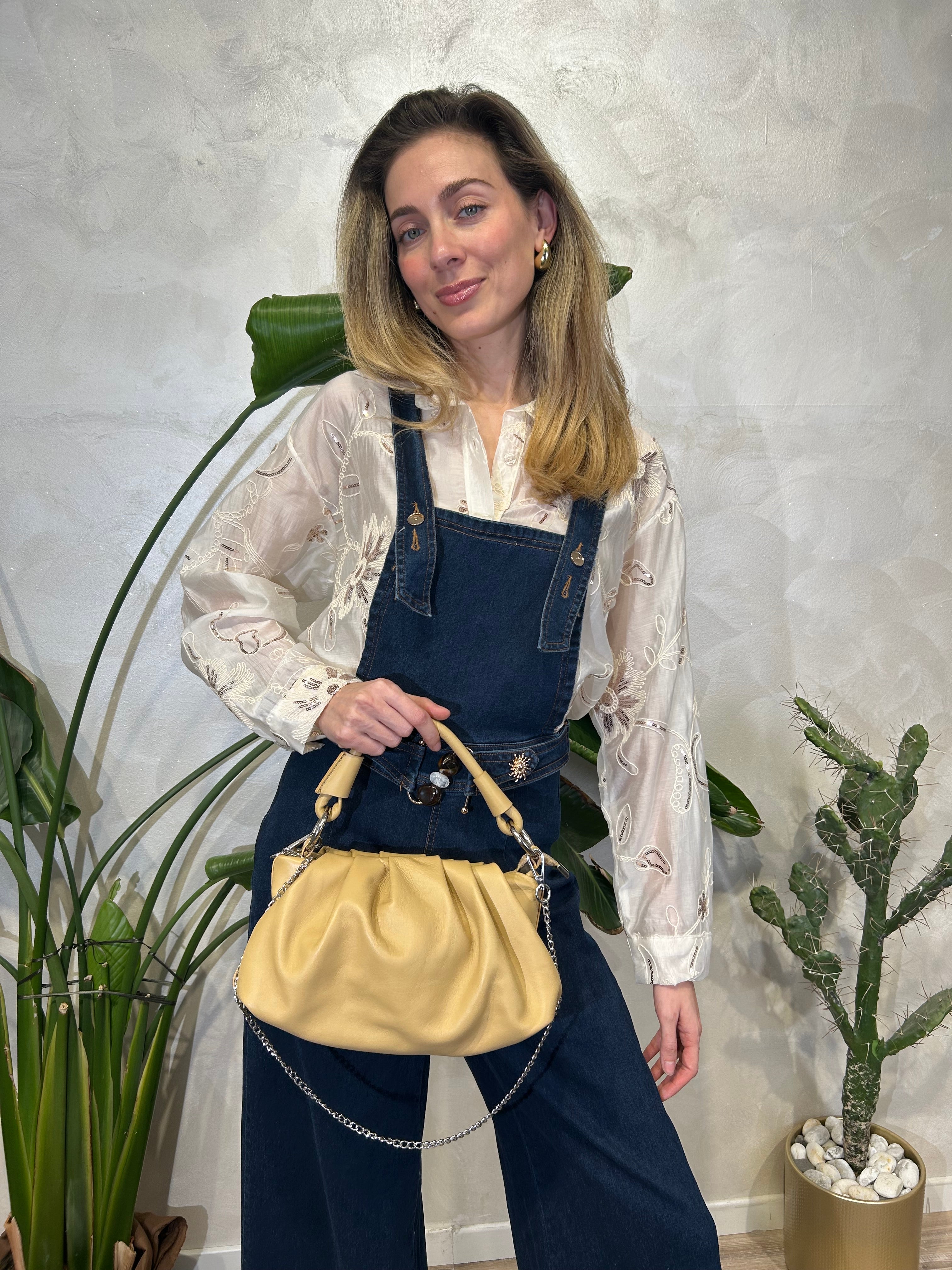BORSA IN VERA PELLE CON MANICO MORBIDO E TRACOLLA CATENA COL.BEIGE